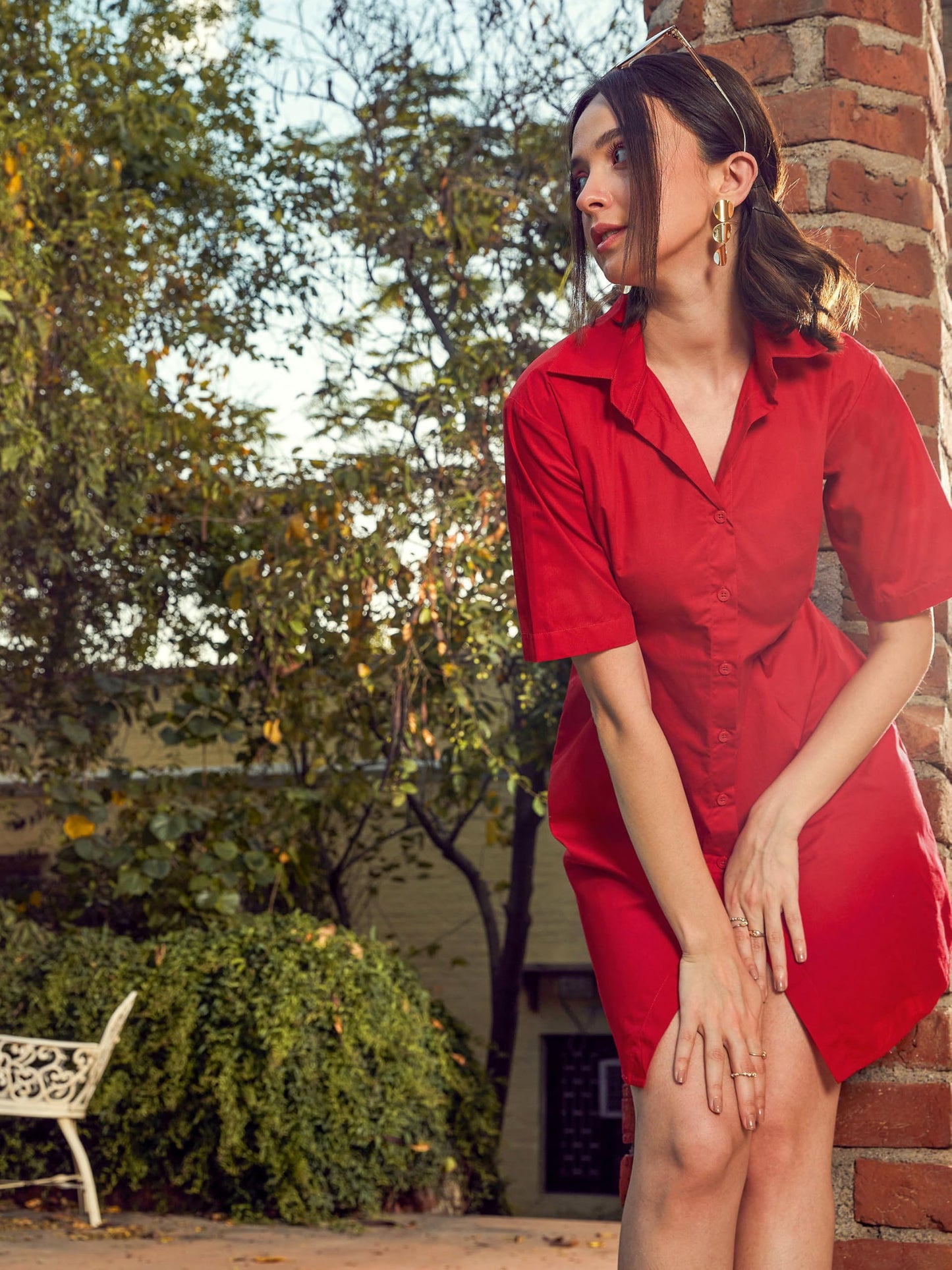 SASSAFRAS Women's Poplin Shirt Dress Above The Knee SFDRSS-V002_Red