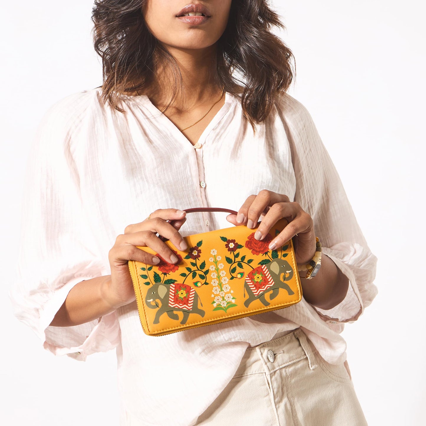 Chumbak Mustard Wallet for Women, Zipper Closure, Top Handle, Palace Memoirs Collection, Stylish Designer Handbag Purse Wallet Sling Tote, Everyday Casual Ethnic Travel Office Use