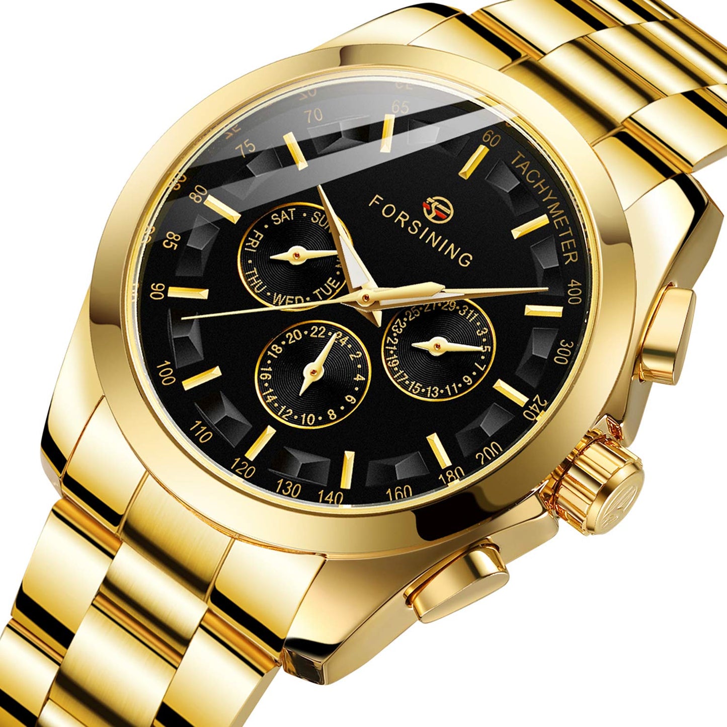 FORSINING Men's Waterproof Analog Quartz Watch Calendar Automatic Self-Wind Clock with Stainless Steel Belts Wristwatch, 1-Black and Gold, Quartz Watch