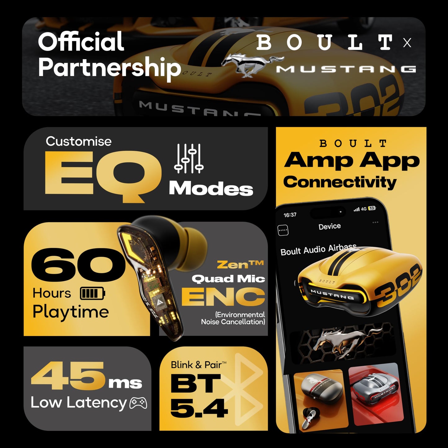 Boult X Mustang Newly Launched Torq TWS Earbuds with 60H Playtime, App Support, 4 Mics ENC, 45ms Low Latency, 13mm Driver, Breathing LEDs, Touch Control, Made in India, IPX5 Ear buds Wireless (Yellow)