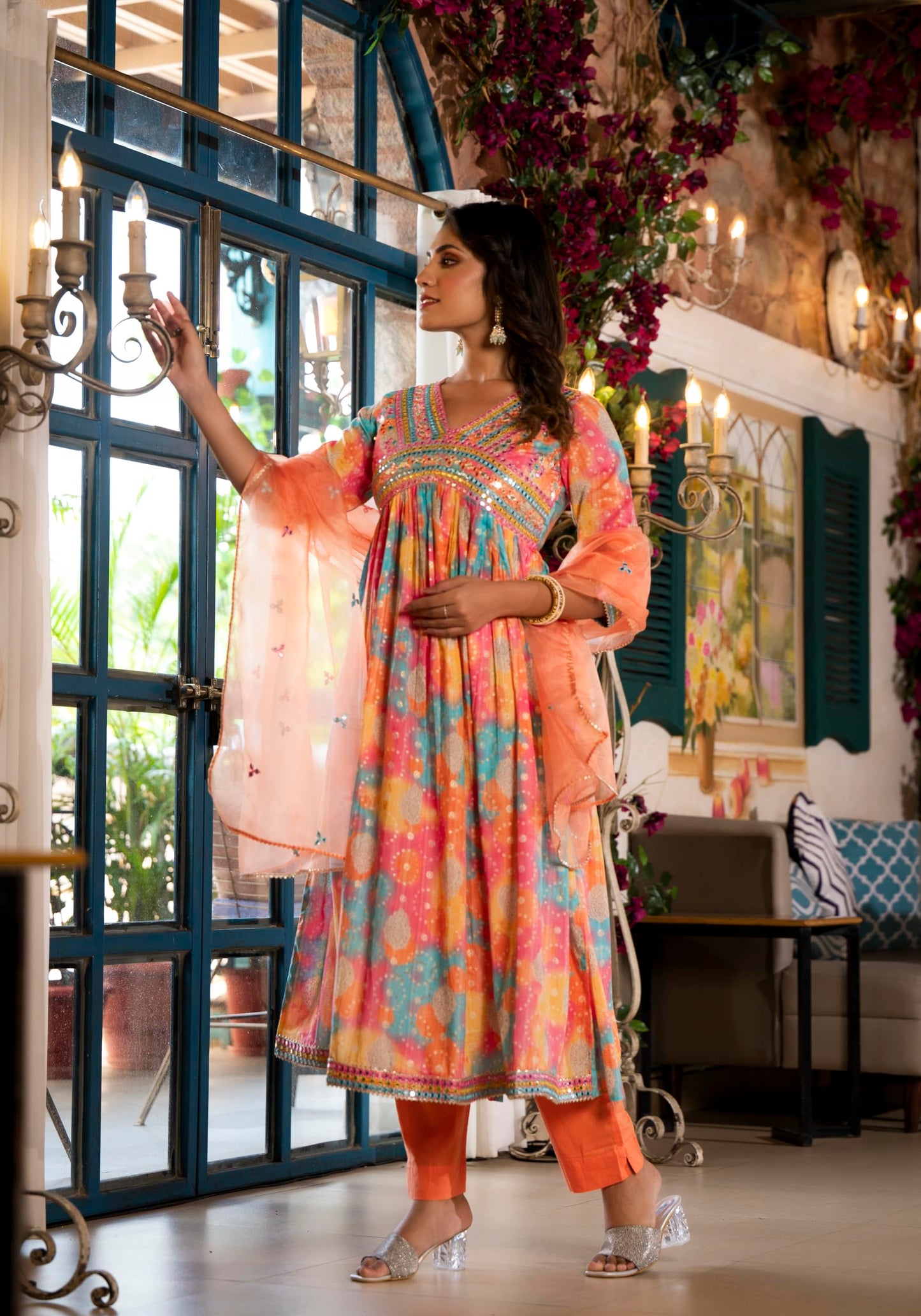 Varanga Women Multi Coloured Bandhani Printed Mirror Work Anarkali Kurta With Bottom And Dupatta