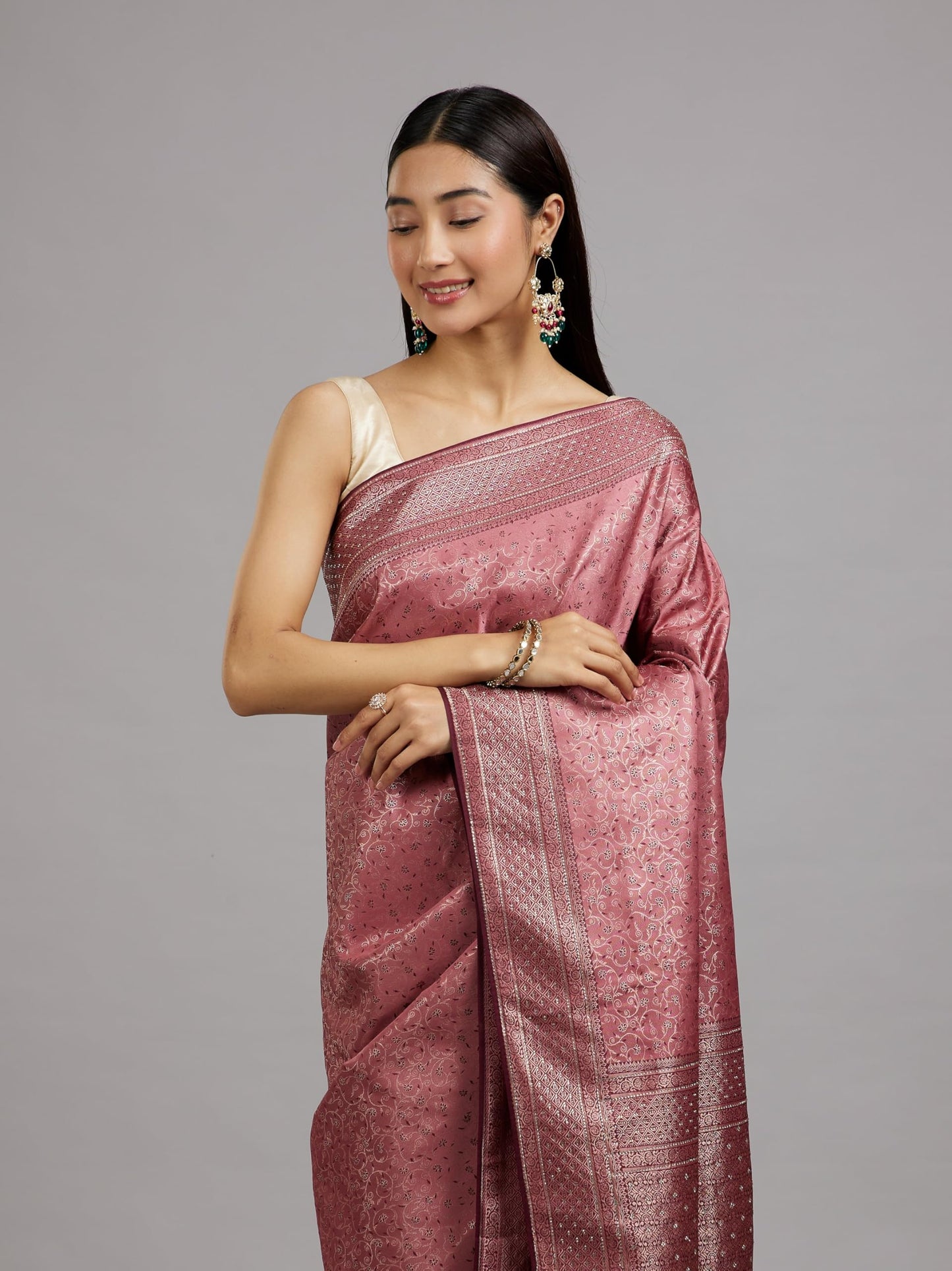 MOHEY Women's Art Silk Stone Work|Weave Saree with Blouse Piece(Dusty Pink)