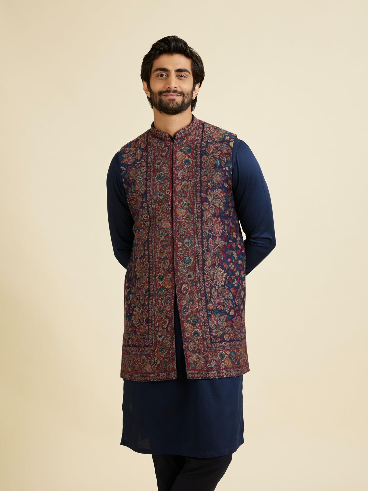 Manyavar Men's Wool Blend Floral Weave Kurta Jacket Set (Dark Blue,L)