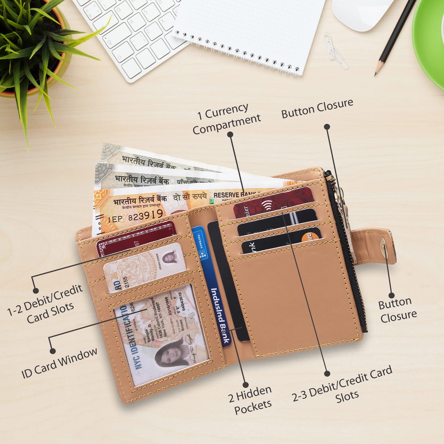 TnW Small Women's Wallet -PU Leather Multi Wallets | Credit Card Holder | Coin Purse Zipper -Small Secure Card Case/Gift Wallet for Women(Beige)