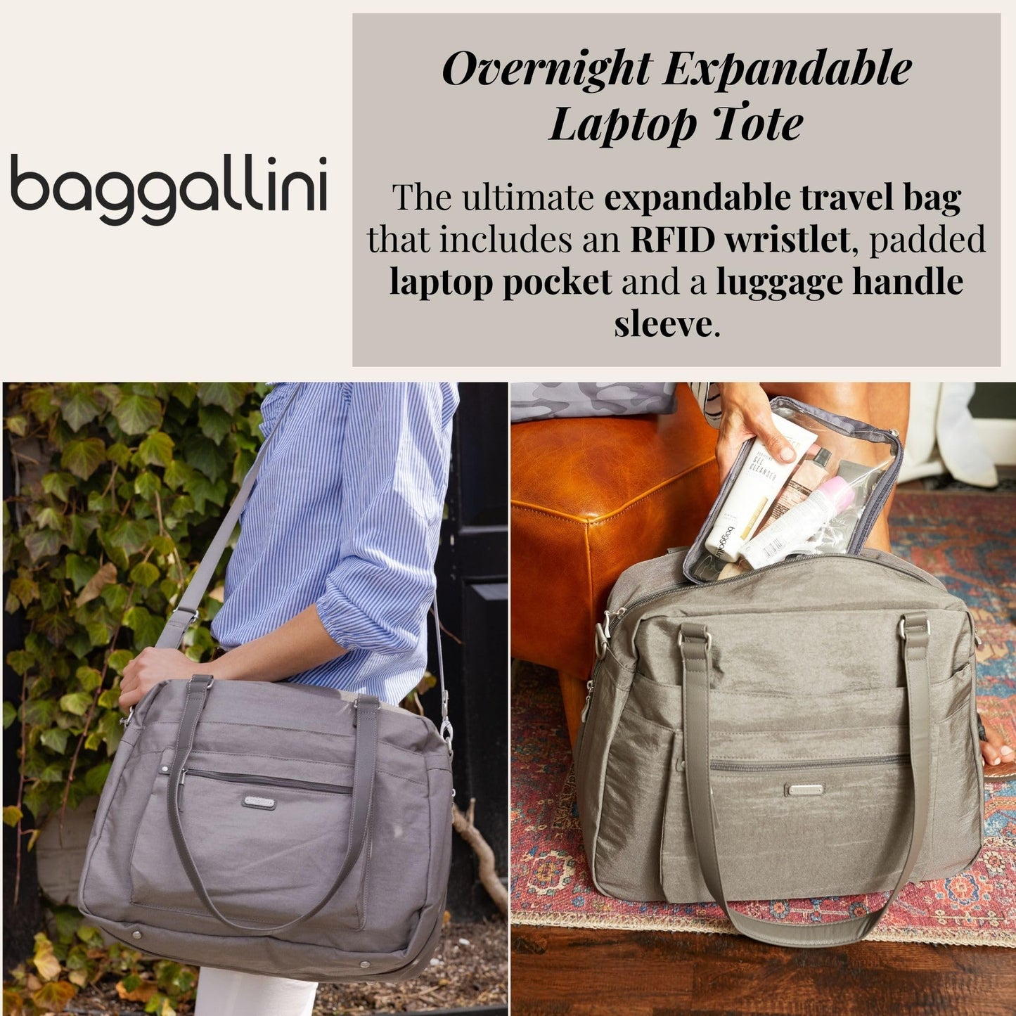Baggallini Overnight Expandable Laptop Tote with RFID Phone Wristlet (Sterling Shimmer)