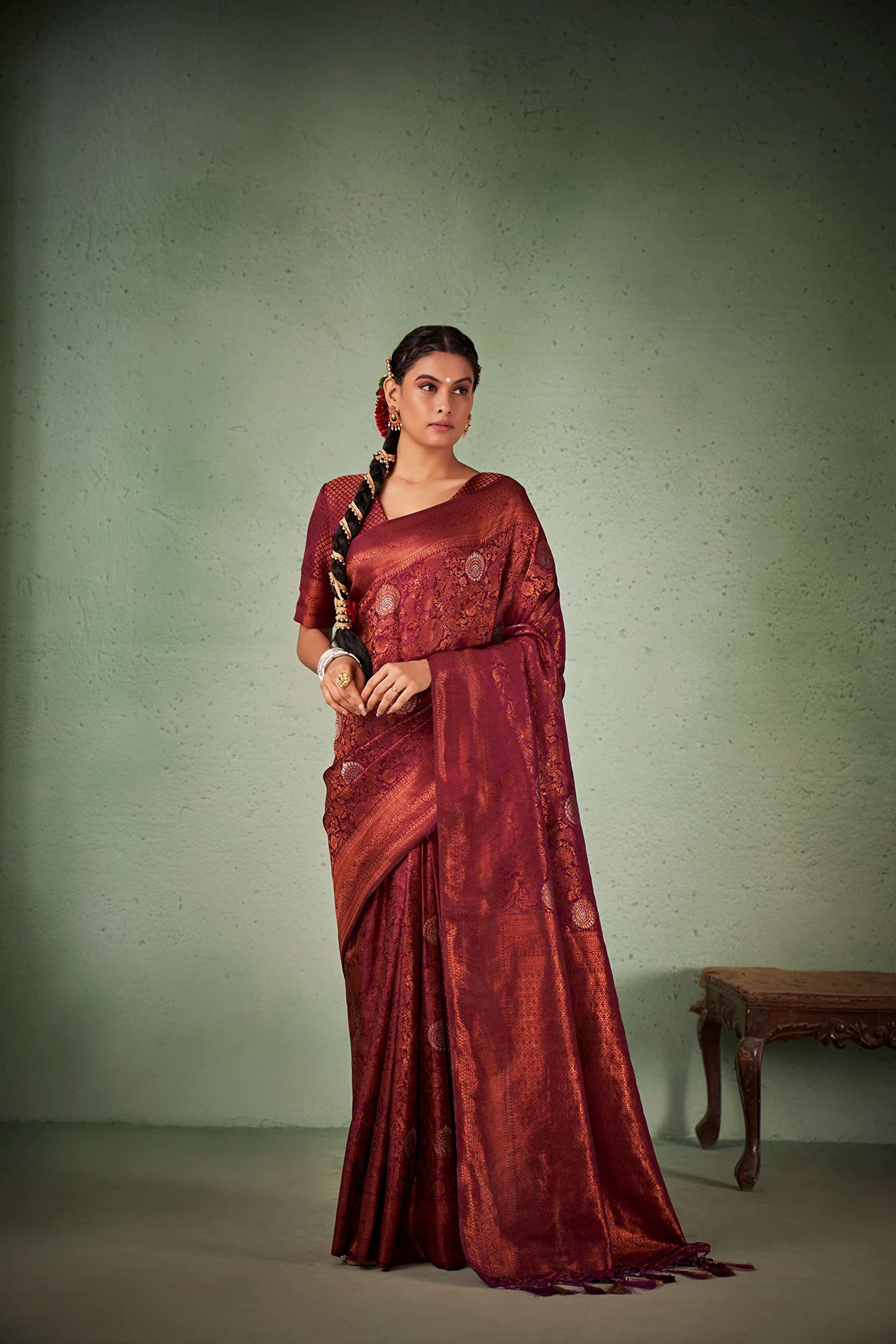 Vardha Women's Kanchipuram Art Silk Saree with Unstitched Blouse Piece - Copper Zari Woven Work Sarees for Wedding (Anvaya_550)