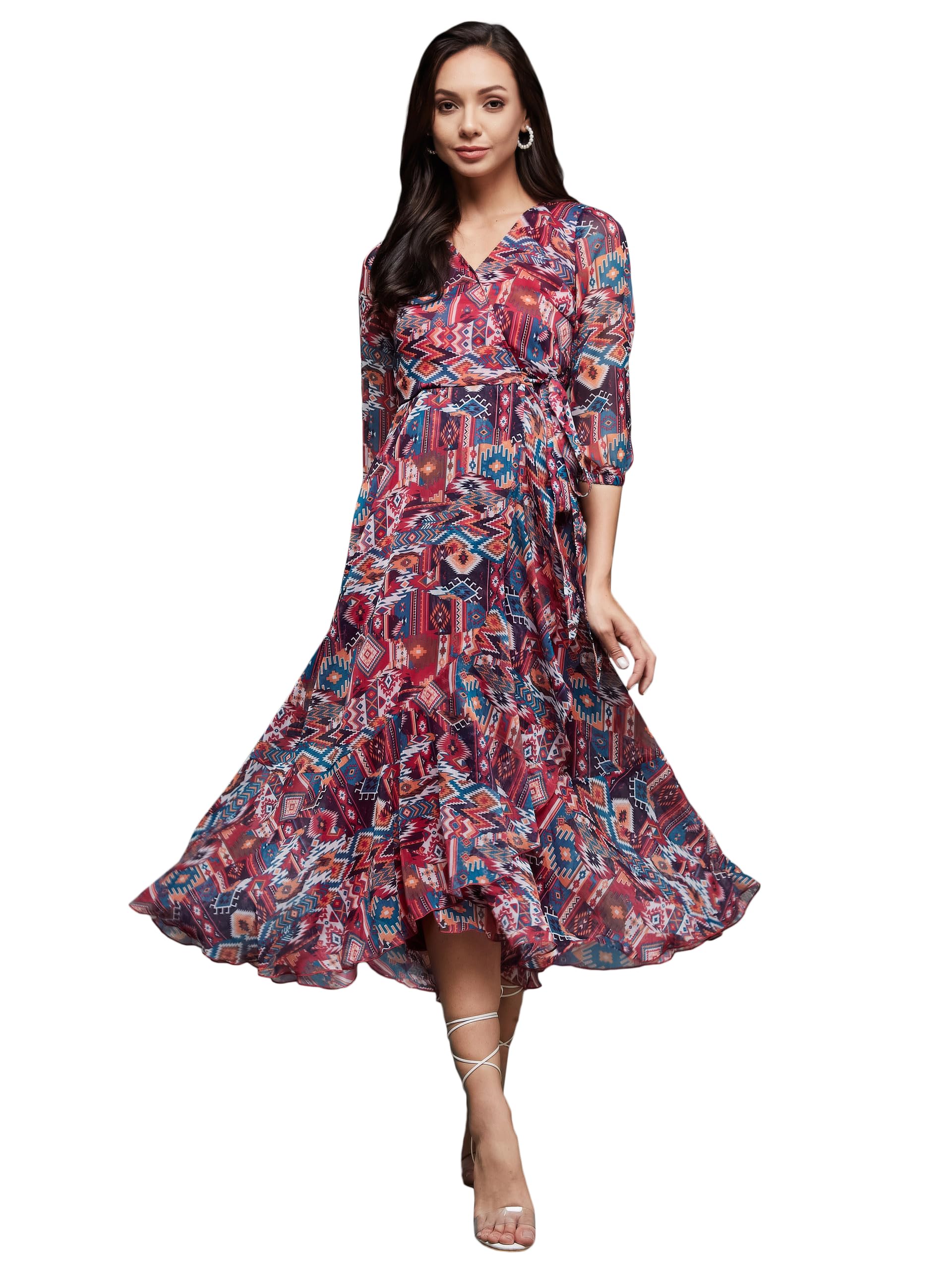 Miss Chase Women's V-Neck Three-Quarter Sleeve Geometric Patterned Wrap  Midi Chiffon Dress (MCSS23D98-56-224-03, Multicoloured, S)