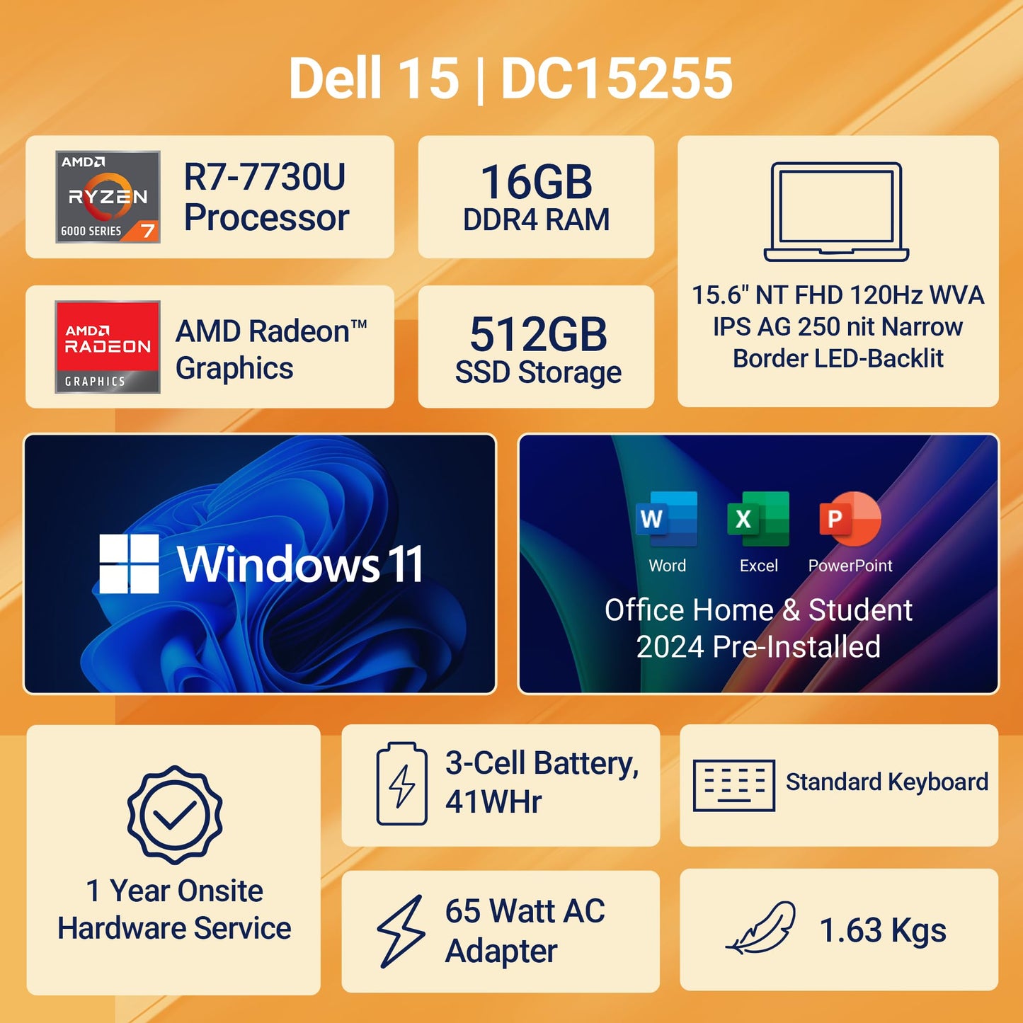 Dell 15, AMD Ryzen 7-7730U, 16GB DDR4, 512GB SSD, FHD 15.6"/39.6 cm, Windows 11, Office H&S 2024, Platinum Silver, 1.63 Kg, 120Hz 250 nits, AMD Radeon Graphics, Standard Keyboard, Thin & Light Laptop