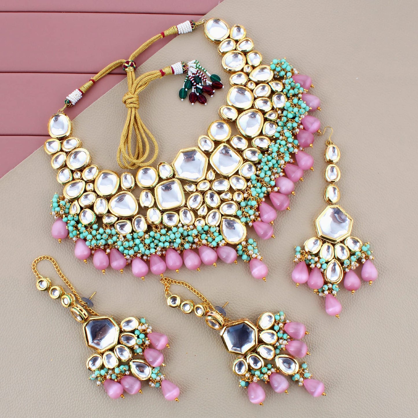 Lucky Jewellery Meenakari 18K Gold plated Multi color Uncut dibbi Kundan Combo Necklace Set
