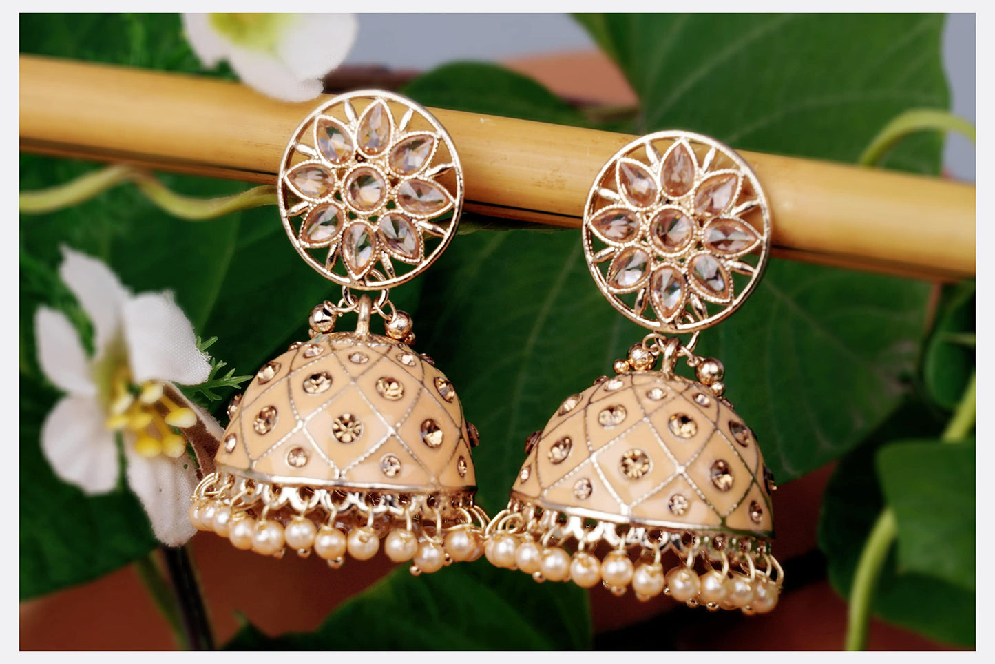 JFL - Jewellery for Less Traditional Stylish Handcrafted Enamel Cz LCD Polki Stone Pearl Hanging Ethnic Jhumki Earrings Jewellery for Women (Peach),Valentine