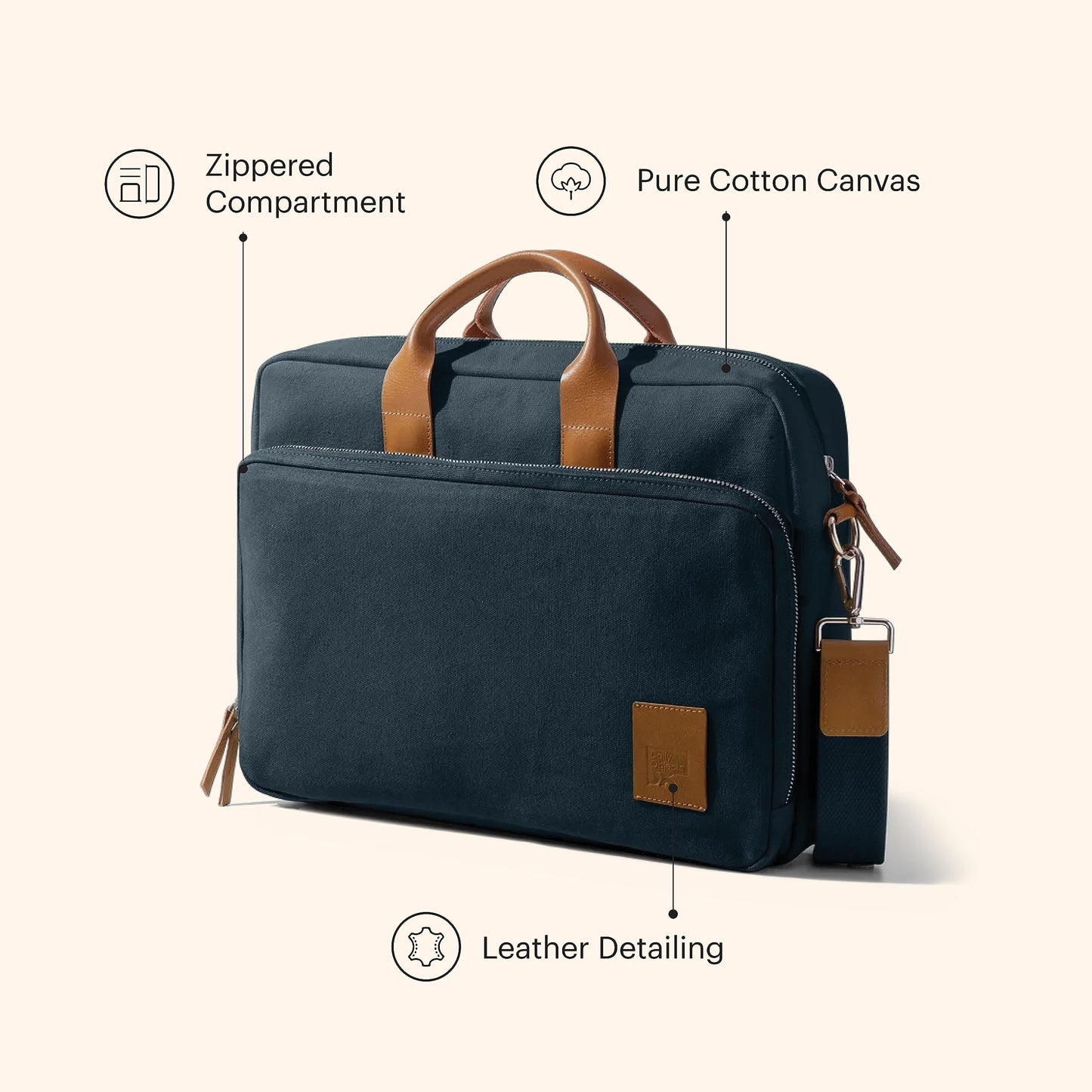 DailyObjects 100% Cotton Canvas Commute Laptop Messenger Bag for Men & Women | Travel Shoulder Handbag With Trolley Sleeve | Metal Zip Closure | Leather Handles | Padded Laptop Compartment For 16"