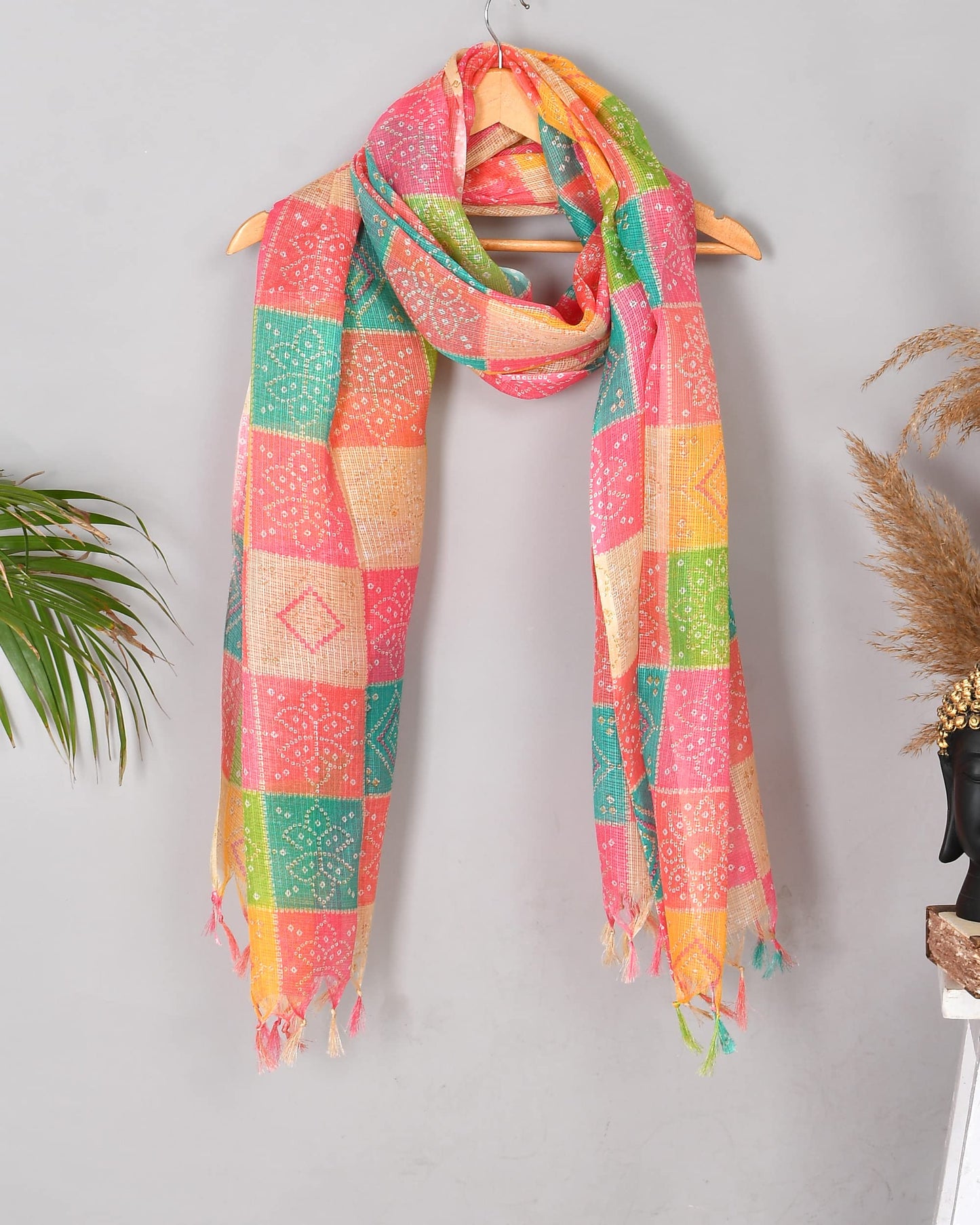 POISED Rajasthani Multicoloured Kota Doria Cotton Dupatta For Women's| Bandhani Pattern Designer Chunni With Tassels On Sides| Perfect For Festivals| (Pink), Free Size