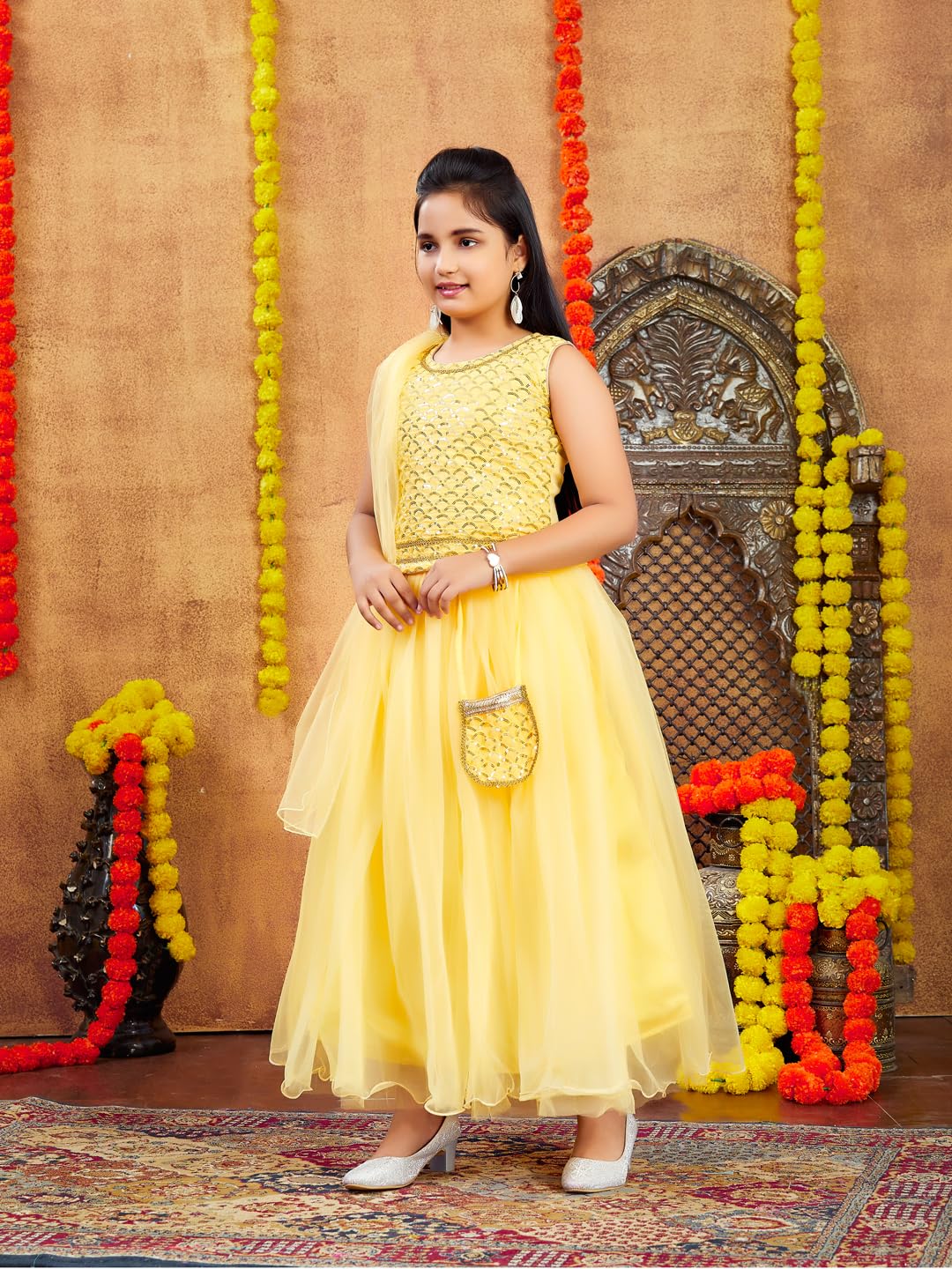 Aarika Girl's Polyester Lehenga Choli Set (LCH-18022_Yellow_12-13 Years)