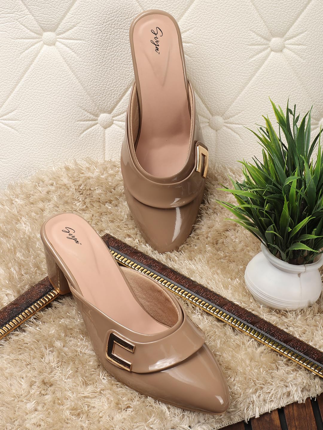 SVYA Women's Pointed Toe Block Heels for Office, Party and Formal Occasions for Girls (Tan, UK Footwear Size System, Adult, Women, Numeric, Medium, 5)