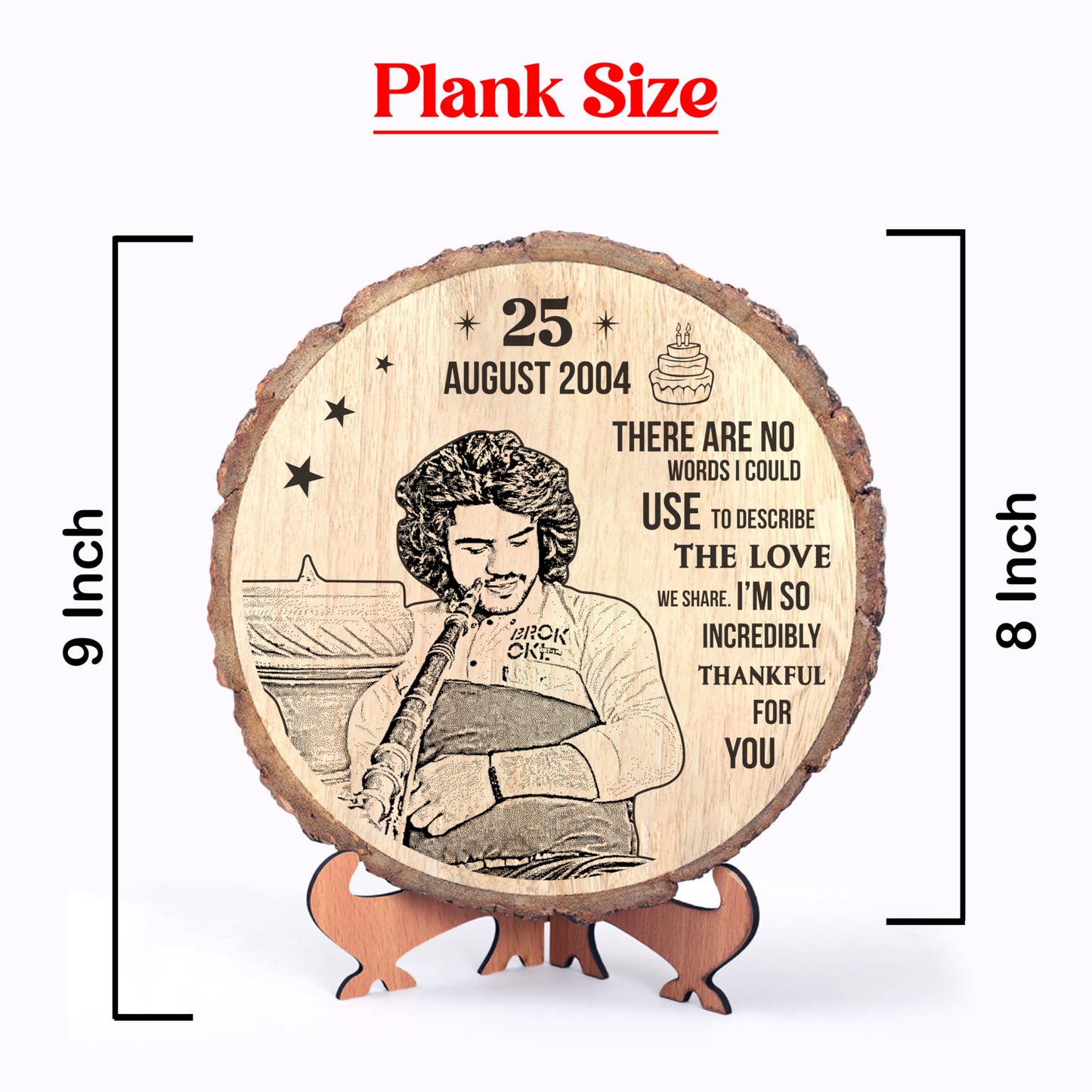 Personalized Engraved Natural Wooden Slice Photo Frame With Wood Stand for Valentine's Day, Valentine Gift for Girlfriend Boyfriend Husband Wife-Valentine Day (8 Inches, Brown, Tabletop)