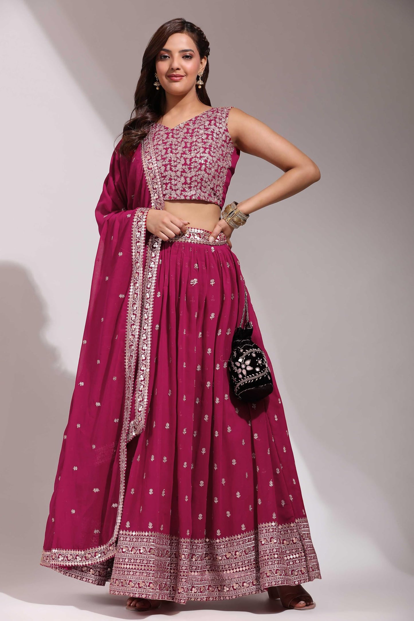 Fabcartz Womens Embroidered Georgette Lehenga Choli with Sequins Work (Pink)