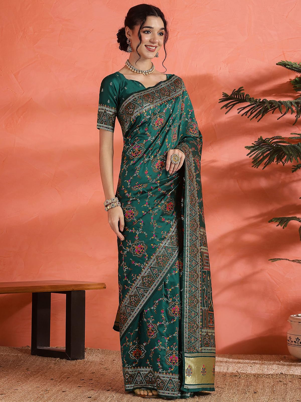 Satrani Women's Silk Weaving Banarasi Saree with Unstitched Blouse Piece (4734S792N_Rama Green5)