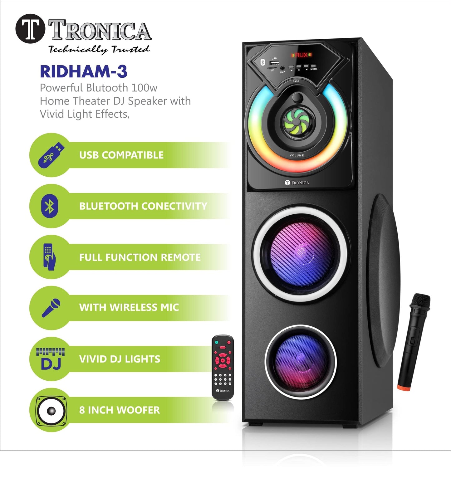 TRONICA RIDHAM 3 - The Powerful Bluetooth 100W Home Theater DJ Speaker with Vivid Light Effects, Supports PenDrive/SD Card/FM/TV/Aux with Remote & Free Wireless Mic