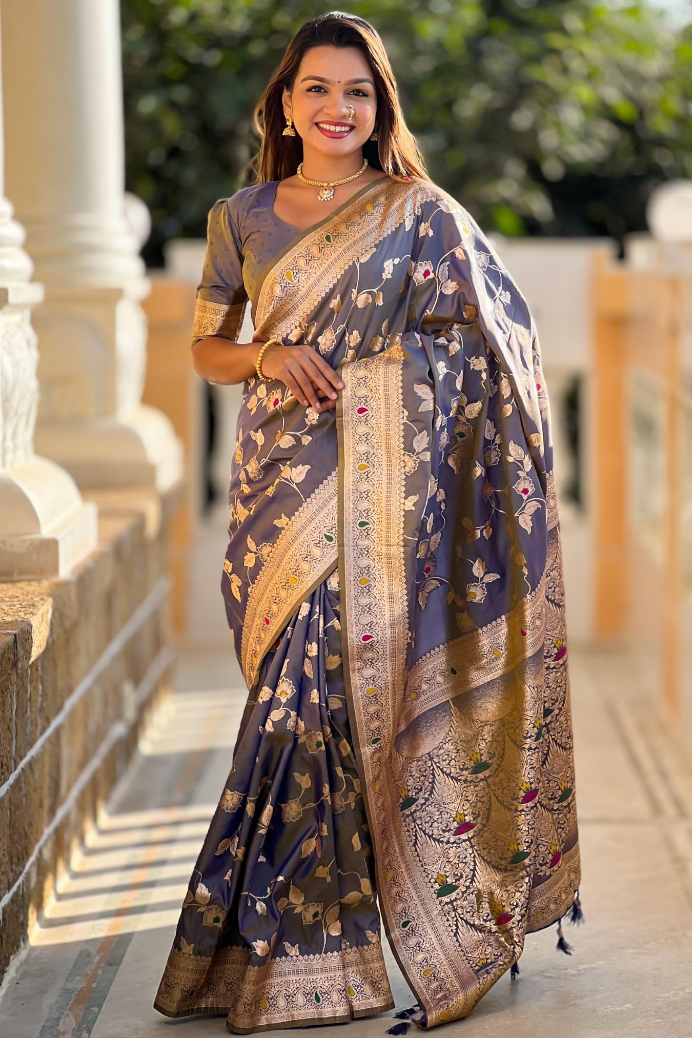 SGF11 Women's Kanjivaram Pure Soft Silk Saree For Women Pure Golden Zari With Blouse Piece (Deep Light Blue)