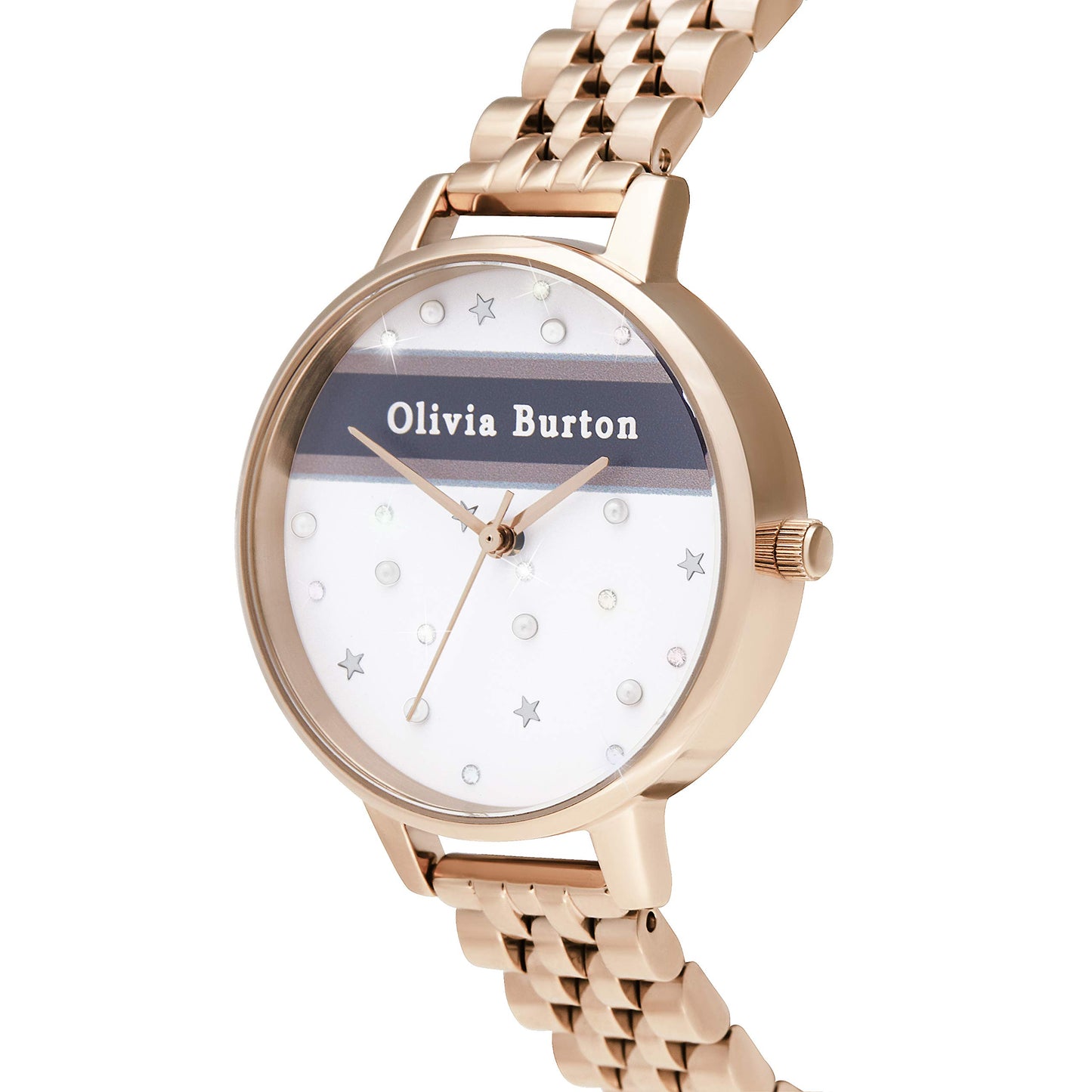 Olivia burton Varsity Qtz Basic White & Fake Pearl & Stone Round Dial Women's Watch|Ionic Plated Rose Gold Steel Material|Gold Color Band - OB16VS06