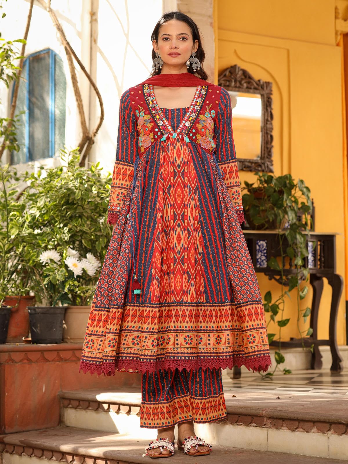 Juniper Rust Pure Cotton Ikat Printed Alia Cut Anarkali Kurta Set With Tassels & Thread Embroidery