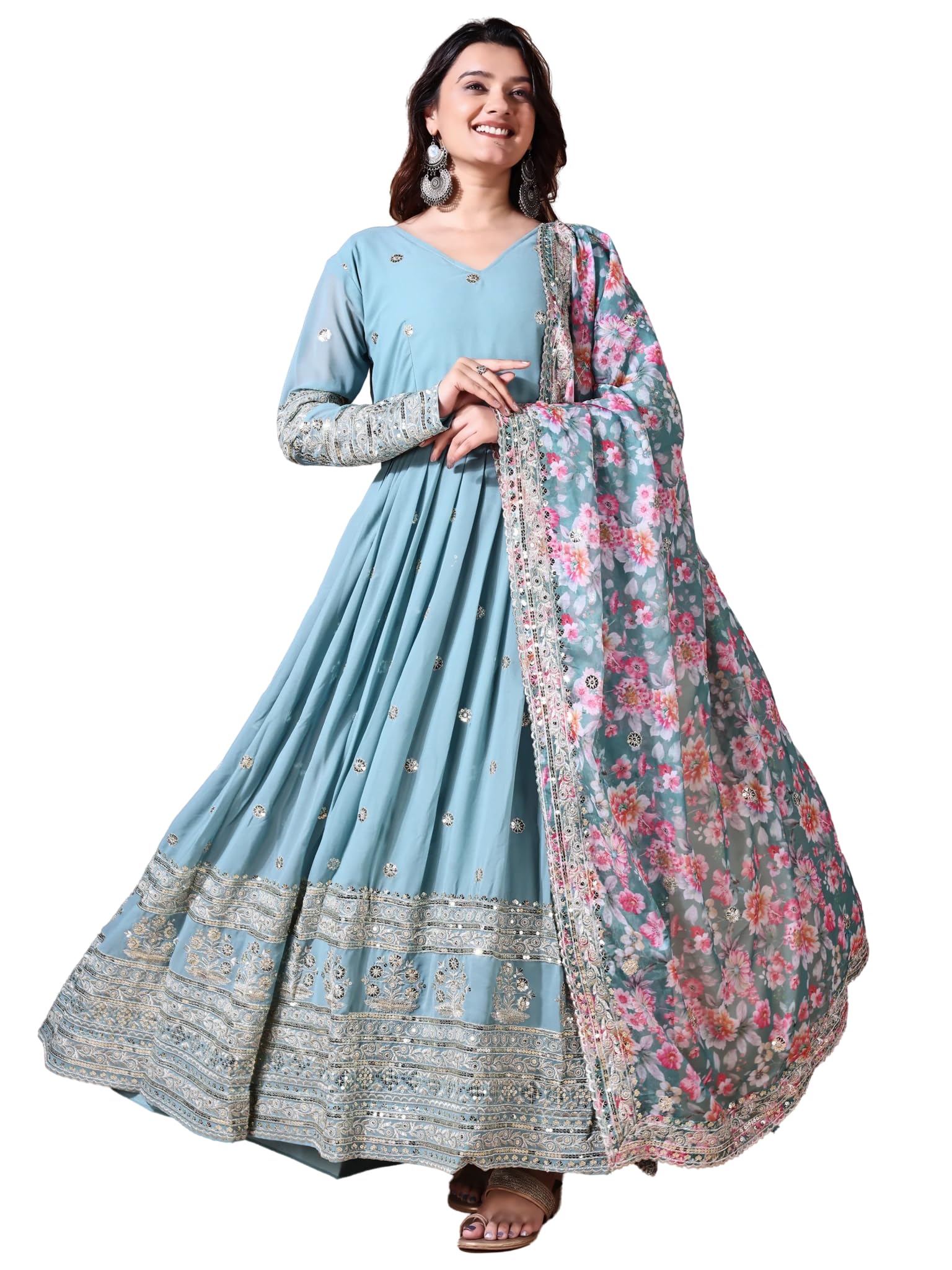 Fashion Basket Georgette Embroidered Anarkali Dress for Women (in, Alpha,  2XL, Regular, Sky Blue)