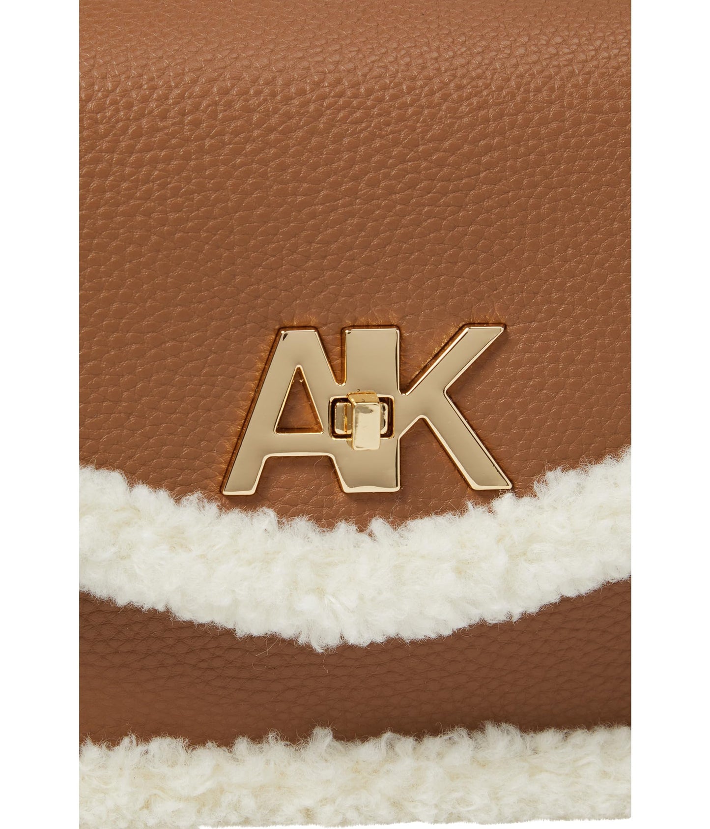 Anne Klein E/W Convertible Sherpa Flap Shoulder Bag with Turn Lock, Chestnut/Cream, One Size