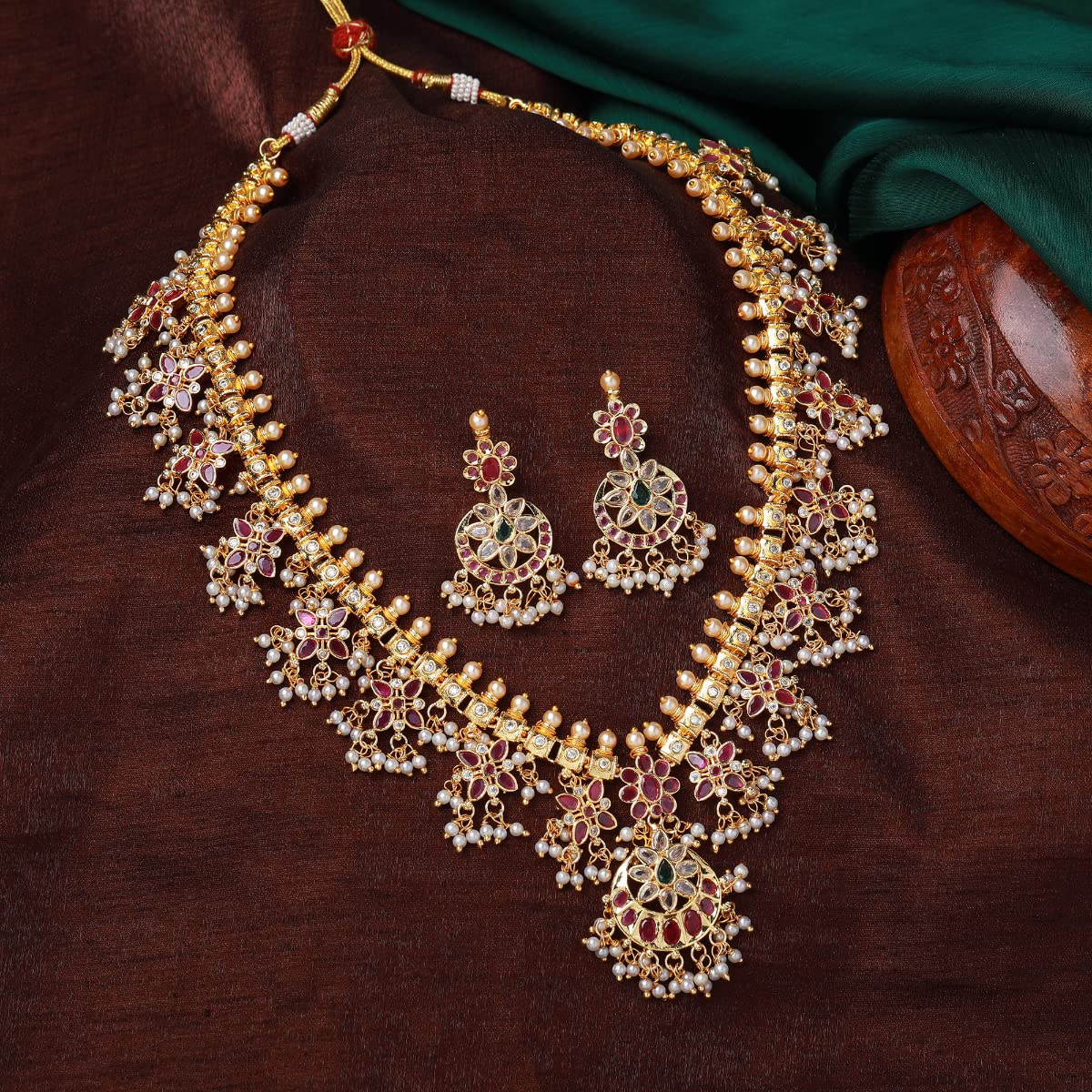 Estele Gold Plated CZ Traditional Necklace Set With Intricate Pearls Work for Women