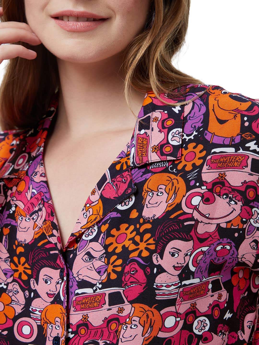 The Souled Store| Official Scooby Doo: The Gang Womens and Girls Shirts|Half Sleeve|Regular fit Graphic Printed|100% Cotton (Poplin) Black Color Women Hawaiian Shirts