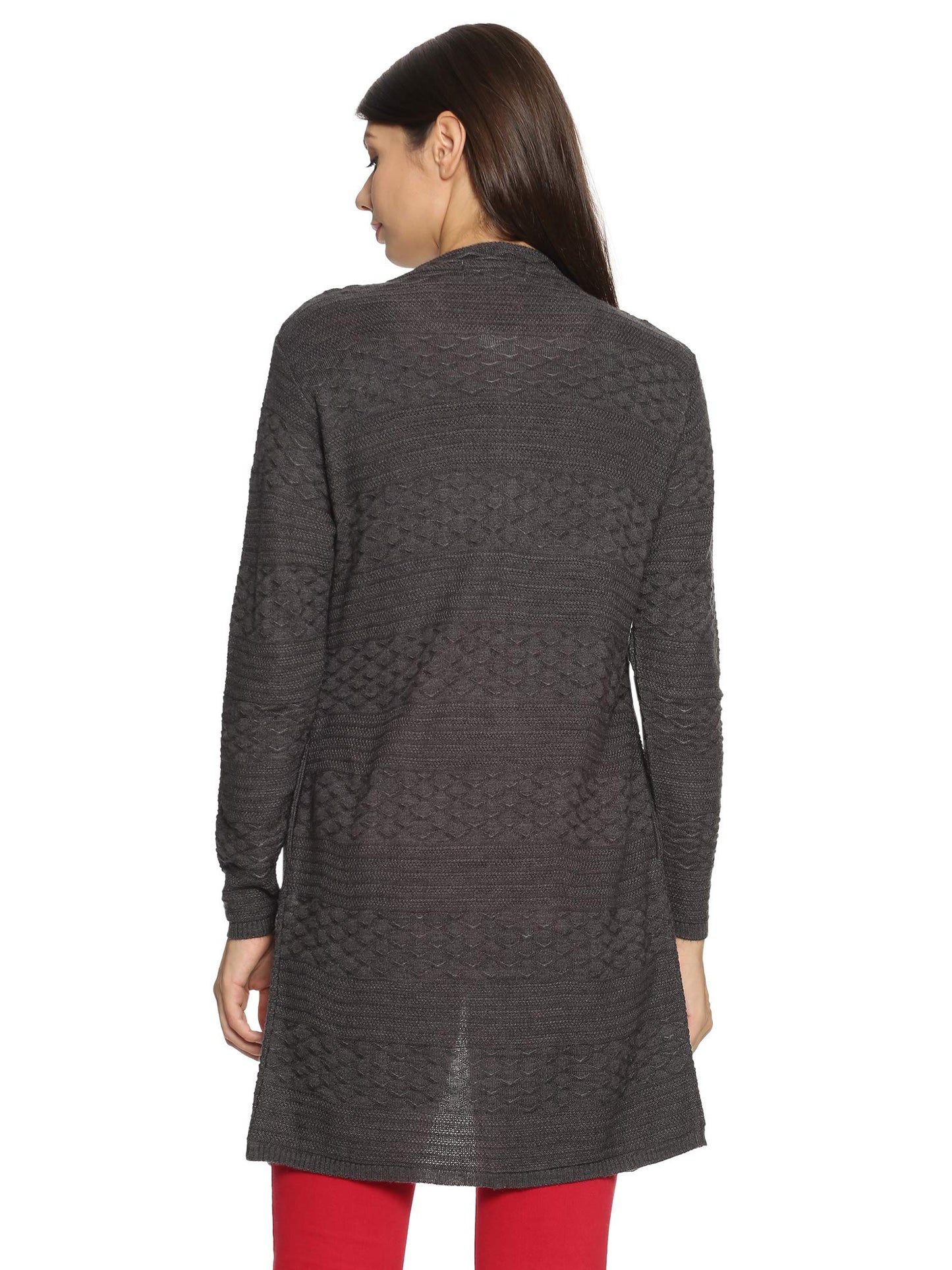 Clapton Winter WearWool Blend Round Neck Full Sleeve Button Self Design/Solid Long Shrug for Women-REXNV4001-MDGREY_L Grey