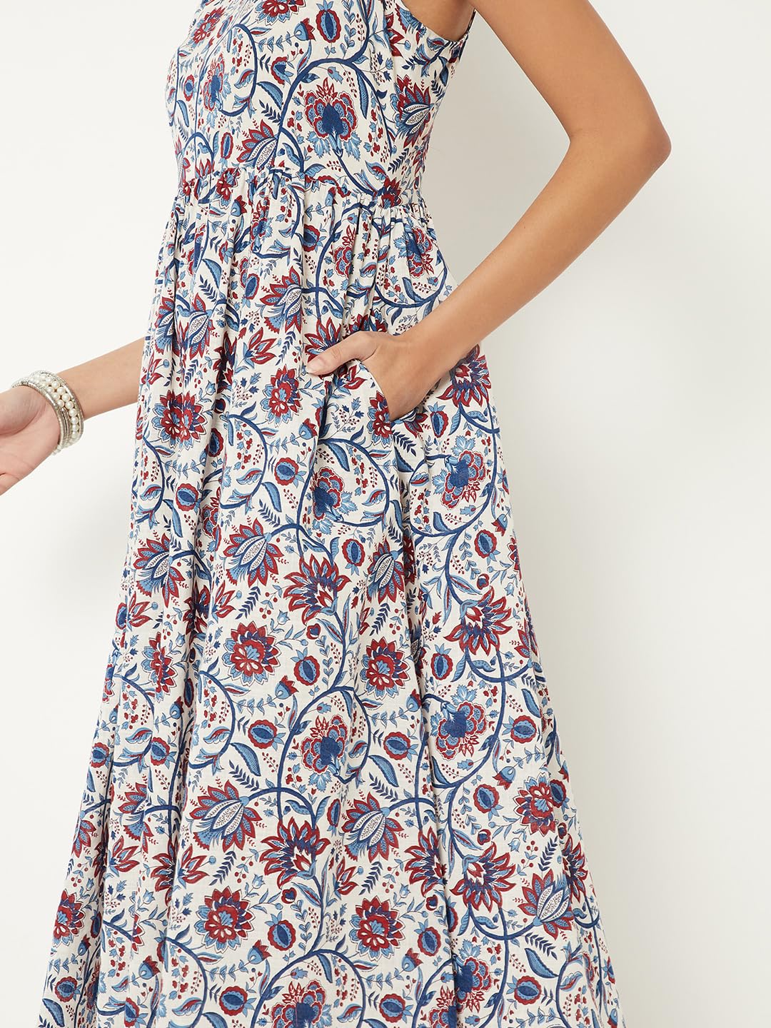 Max Women Floral Print A-line Midi Dress (White_L)