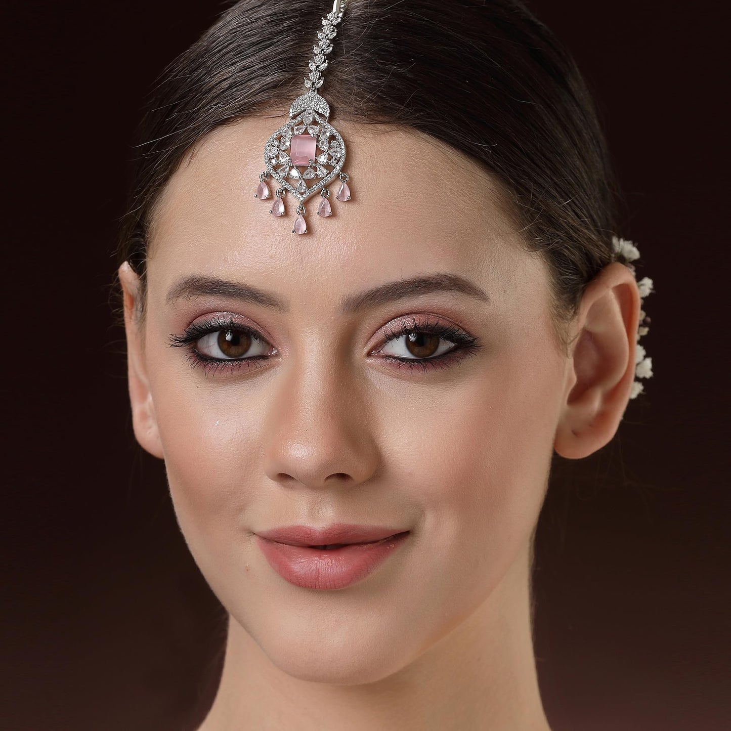 Zeneme Sparkling American Diamond Maang Tikka for Women | Elegant Floral Design Silver Plated Maang Tikka for Wedding - Traditional Head Jewellery for Women (Pink Moonbeam Charm Mangtika)