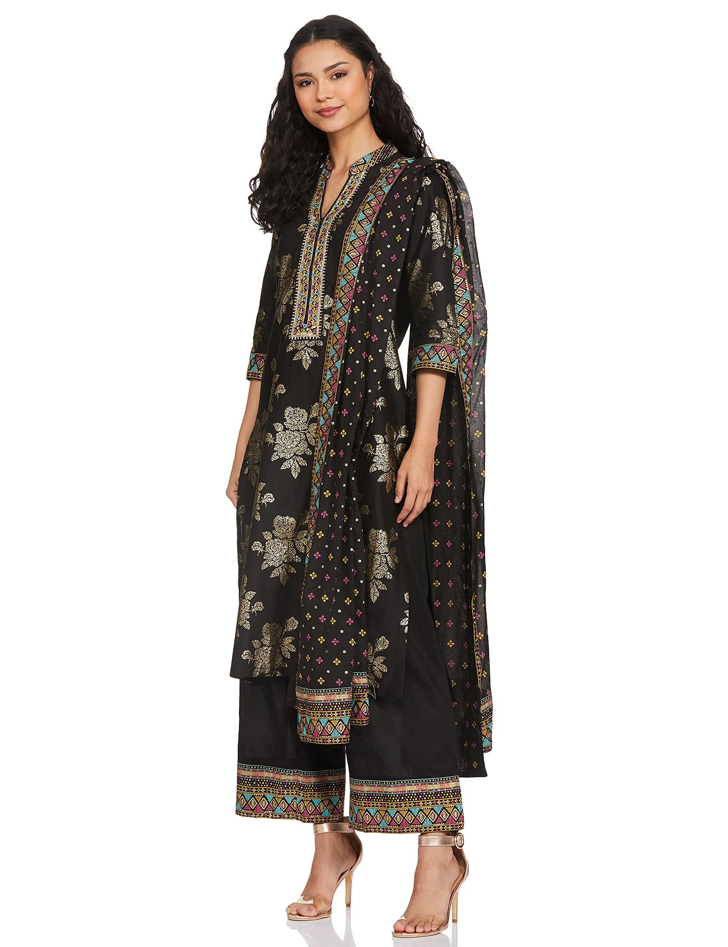 BIBA Cotton Women Printed Straight Salwar Kurta Dupatta(Skdbandhej 7509_Black_32)