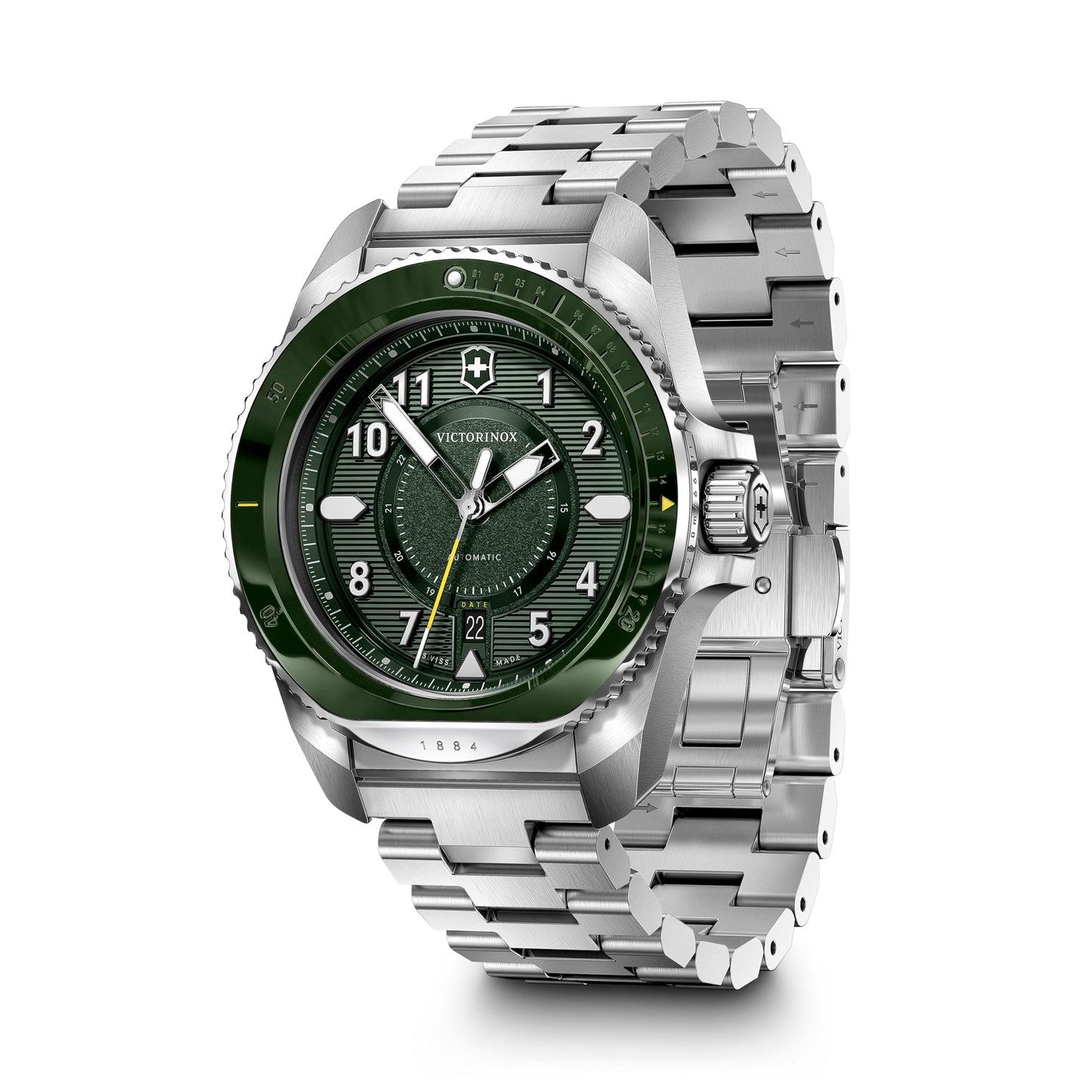 Victorinox Stainless Steel Journey 1884, Automatic Swiss Made Men's Analog Watch, Green Dial, 43 Mm, Water Resistant Up To 200 M, Sellita Sw 200-1 Movement, Wrist Watch For Men | 242015,Silver Band