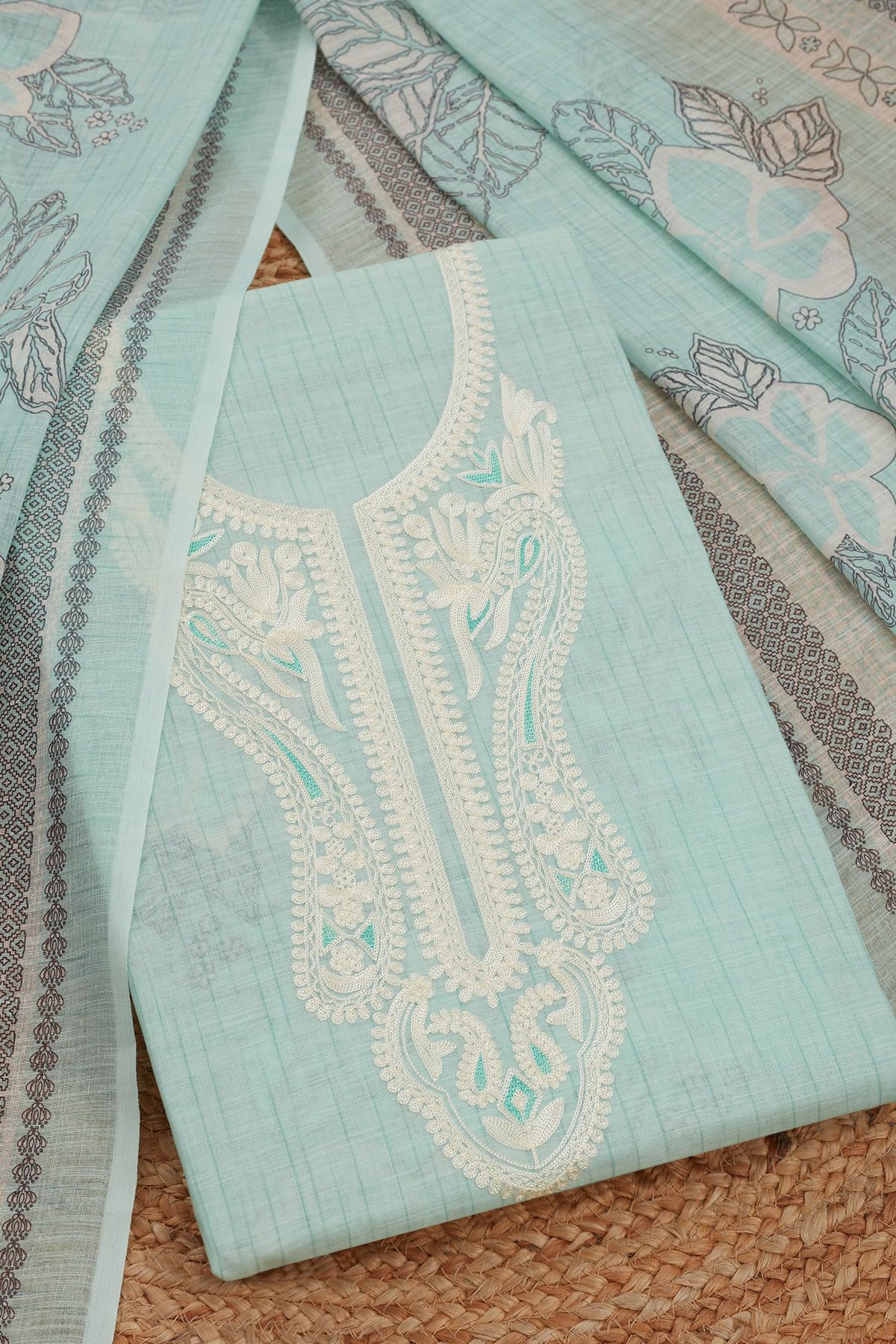 Soch Womens Turquoise Blue Linen Foil Print Unstitch Dress Material With Thread Work