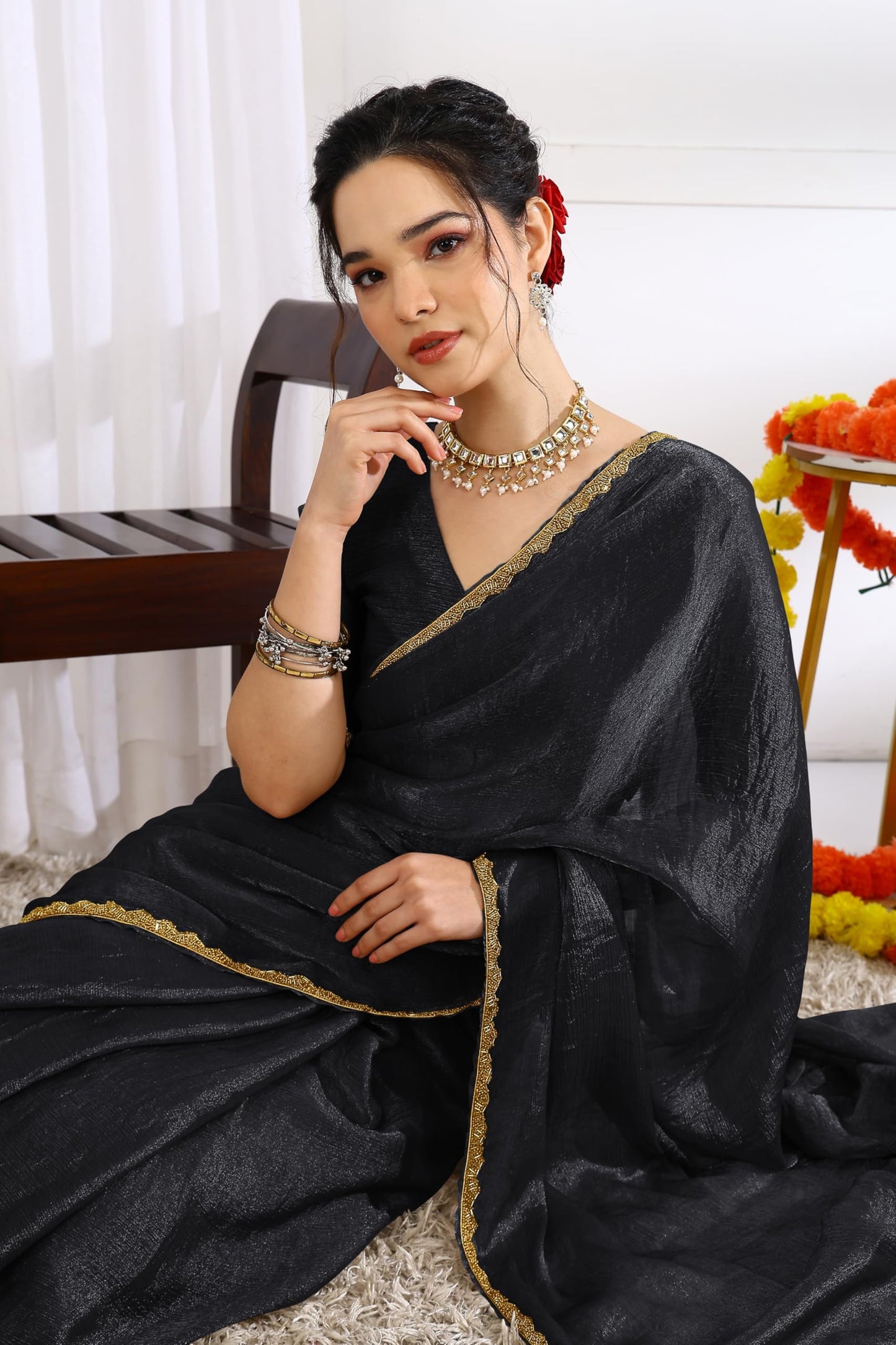 Subham Women's Silk Blend Hand Work Embellished Saree with Blouse Piece (60434 - Black)