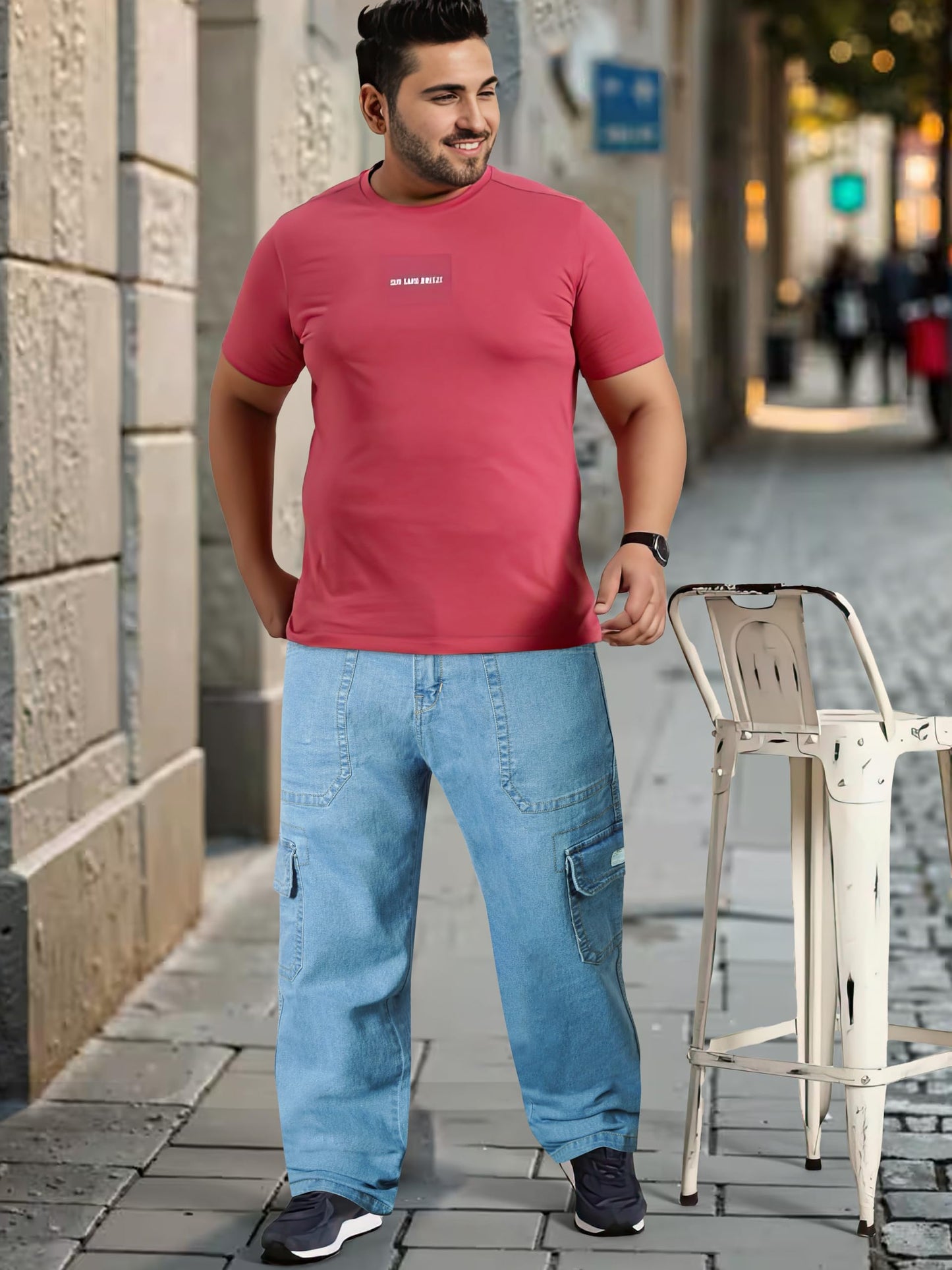 RIG BONE Men's Cargo Jeans Light Blue – Size 48 | Relaxed Plus Size Cotton Denim for Comfort