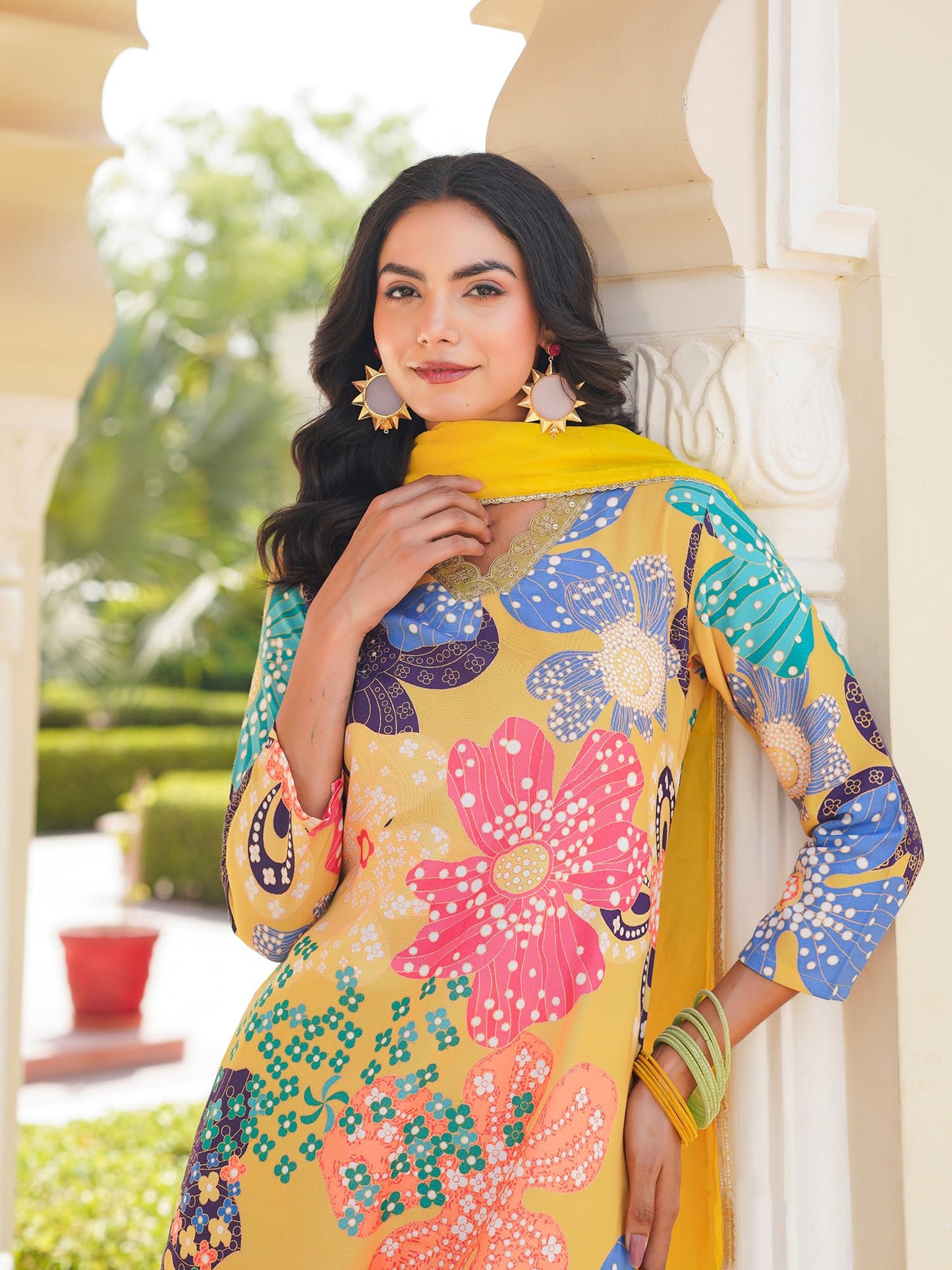 Vaamsi Women's Cotton Blend Floral Straight Printed Kurta Pant With Dupatta (PKSKD2492_S_Yellow)