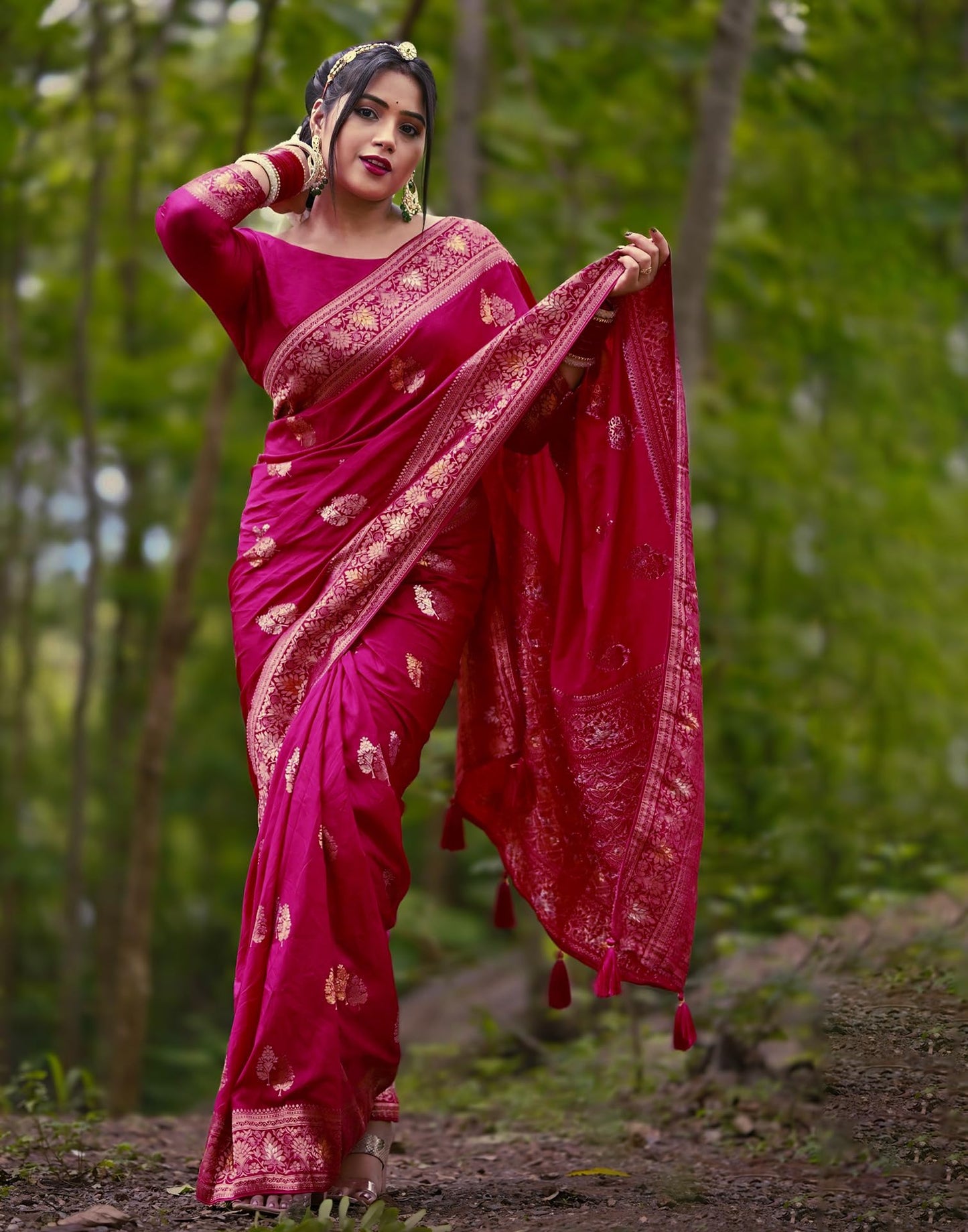 SIRIL Women's Silk Banarasi Silk Saree With Unstitched Blouse Piece(3657S6027-Rani Pink)