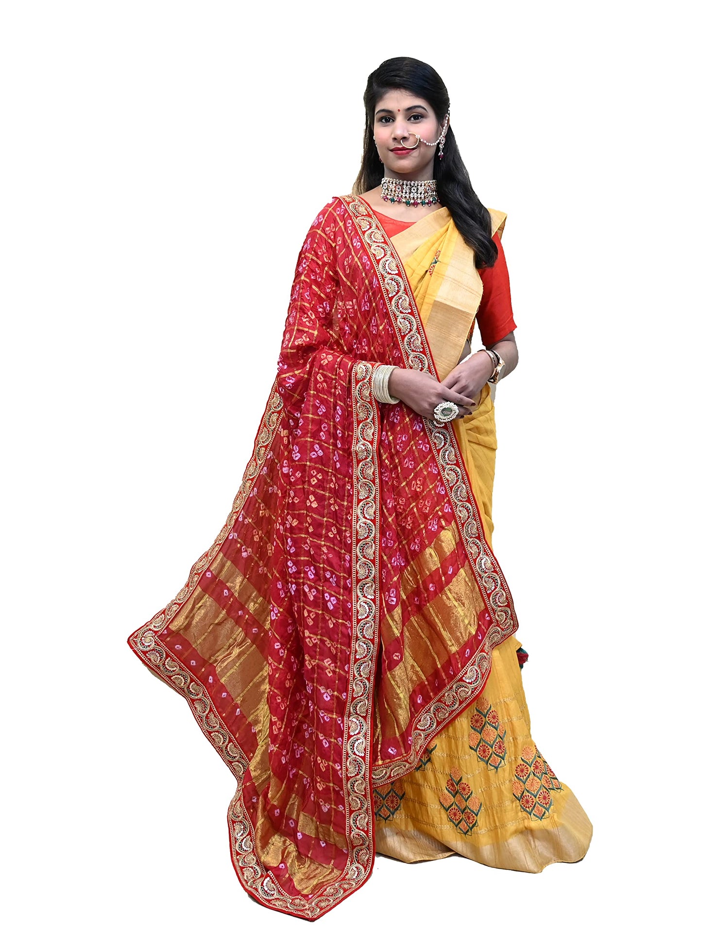 RANISATIYA Marwadi Rajasthani Bandhani Odhana Pure Ghatchola Fabric Chunri & Piliya (Chunri (Red))