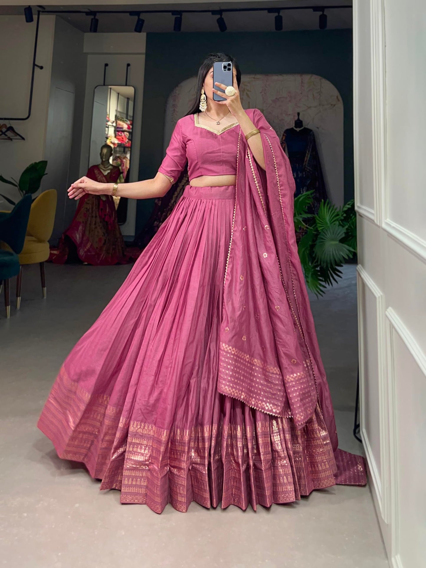 LooknBook Art Women's Plain Chanderi With Zari Weaving Work Border Lehenga Choli (Pink)