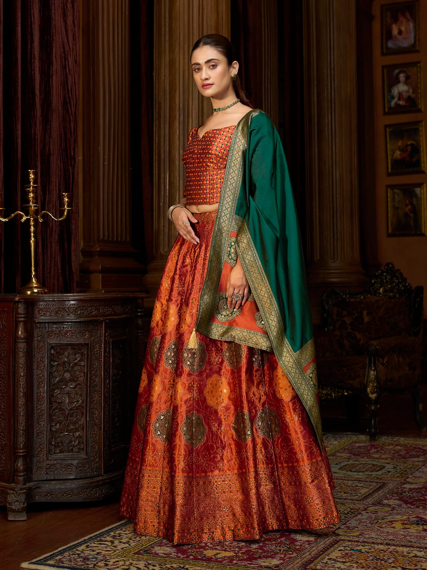 PURVAJA Women's Kanjiwaram Semi-Stitched Lehenga choli (Bahaar-Rust_Free Size)