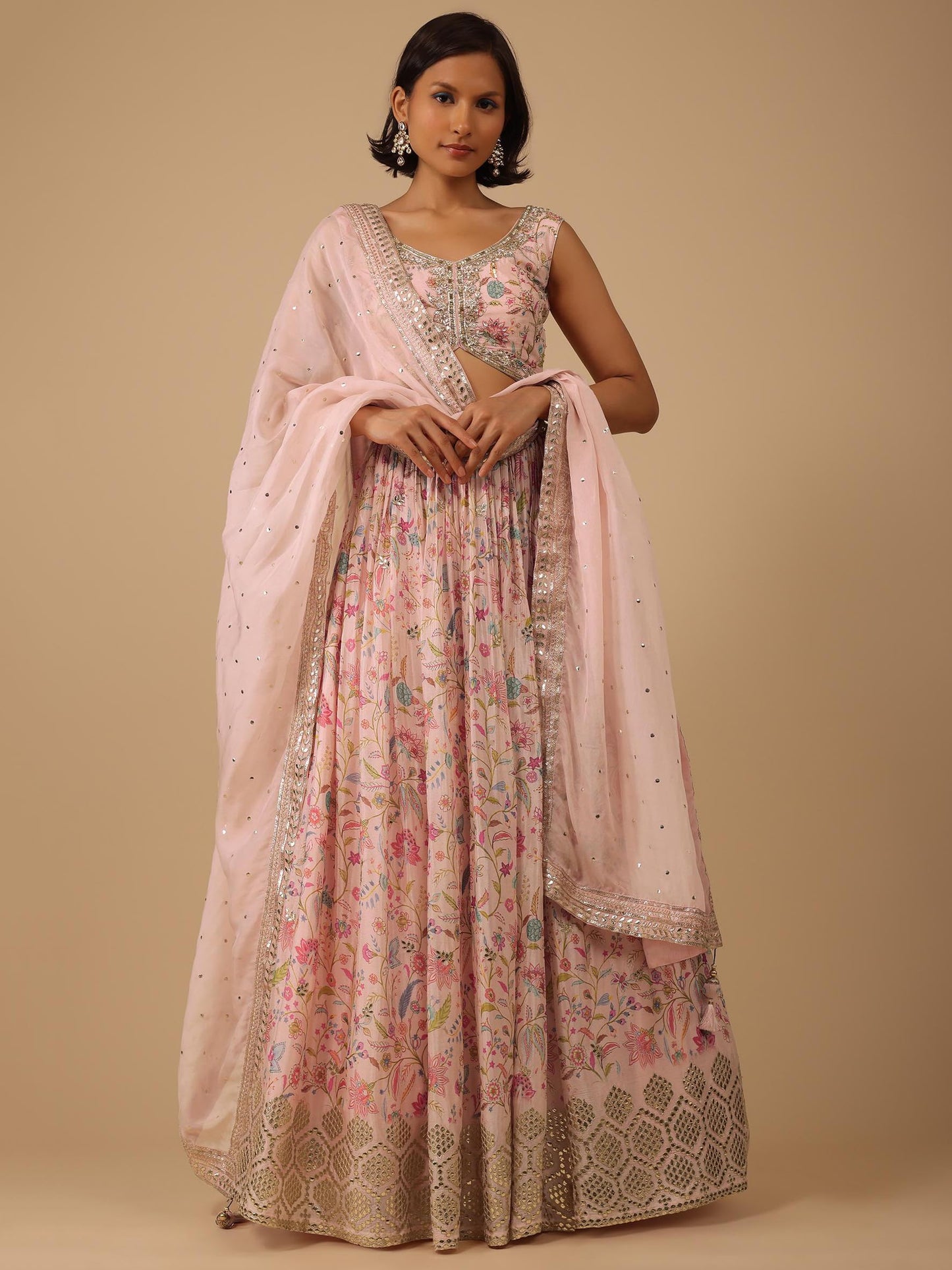 Zeel Clothing Women's Digital Print With Embroidered Organza Readymade Lehenga Choli With Dupatta (5104-Peach-Women-Lehenga-Choli-Latest, Free Size), Beige