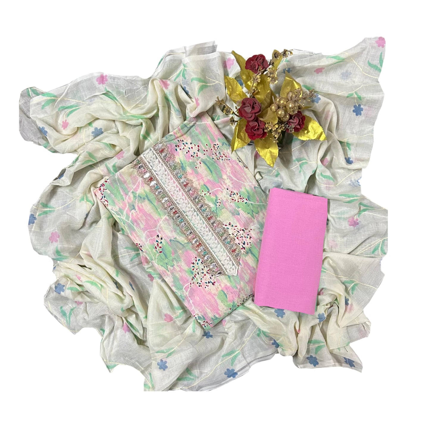 EJS Women's Designer Cambric Print Pure Cotton Printed Salwar Suit Dress Material With Cotton Dupatta (Multicolour Pink)