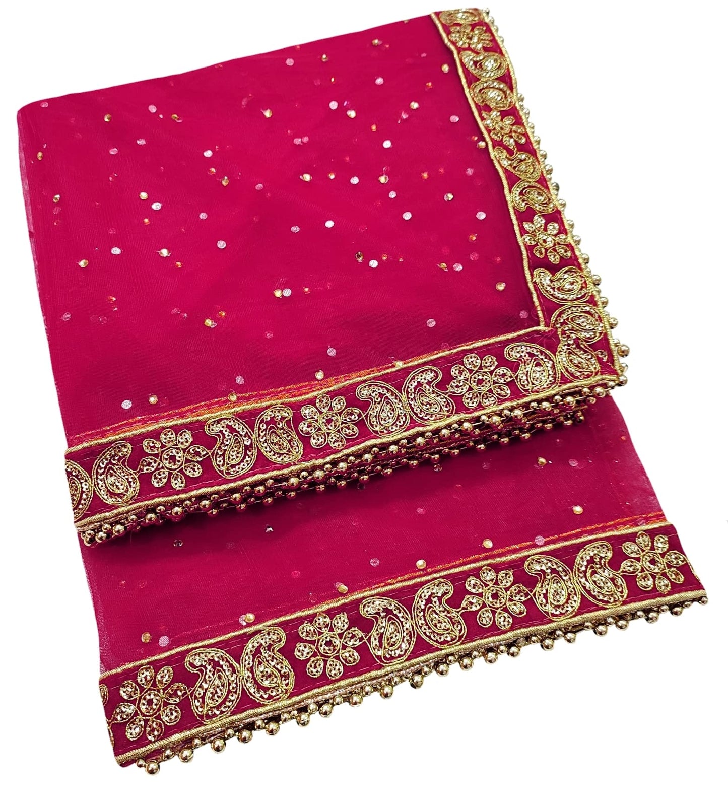 Navti Creations Women Wedding Bridal Net Dupatta With New Kerry Embroidery Border (4 Side Moti Lace,Length -2. 25M) (Pink (Raani))