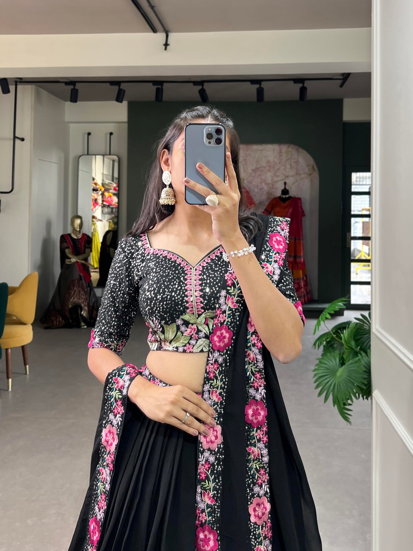 LooknBook Art Women's Sequins Thread Embroidery Work With Georgette Semi-Stitched Lehenga Choli, Black