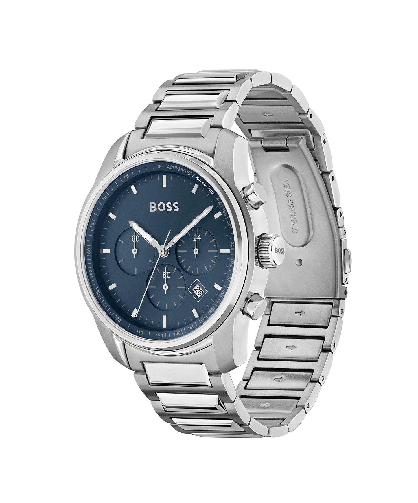 BOSS Trace Qtz Fashion Chrono Blue Round Dial Men's Analog Watch|Stainless Steel Material|Silver Color Band - 1514007