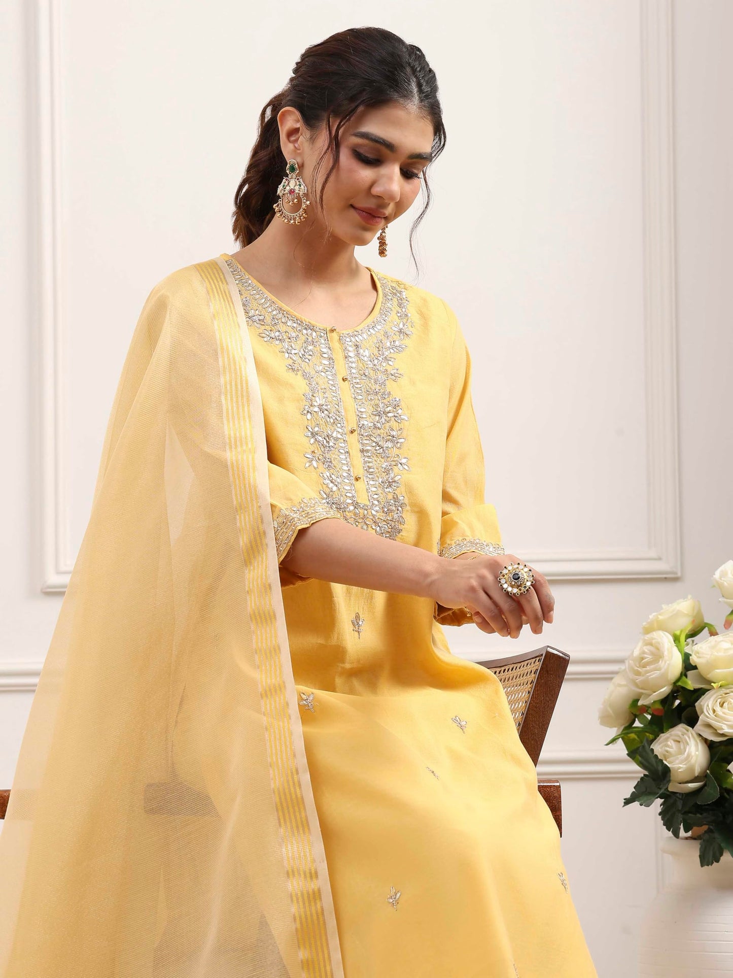 Biba Women Yellow Poly Chanderi Straight Suit Set_34