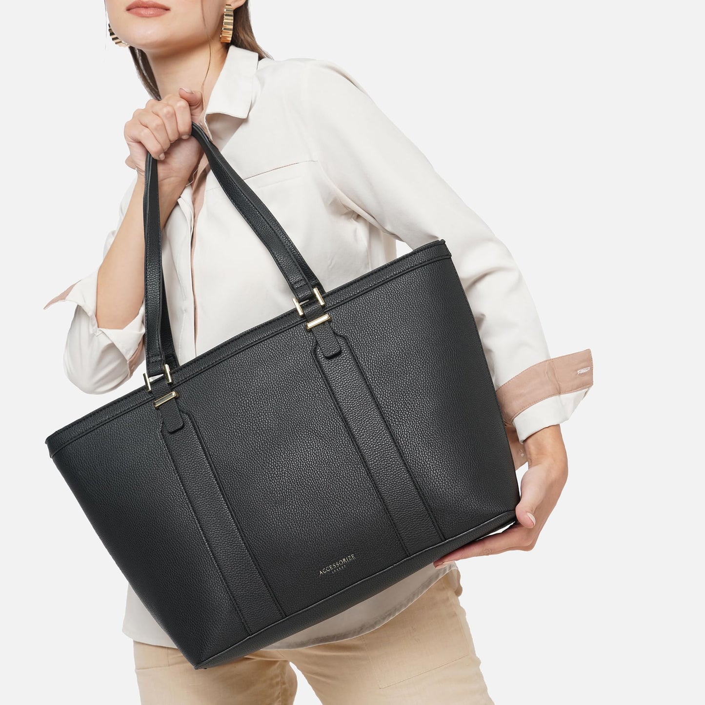 Accessorize London Women's Black Large Structured Laptop Tote for office use | Bags for women | Ladies Purse Handbag| Tote Bags for Women For Office Use, Work