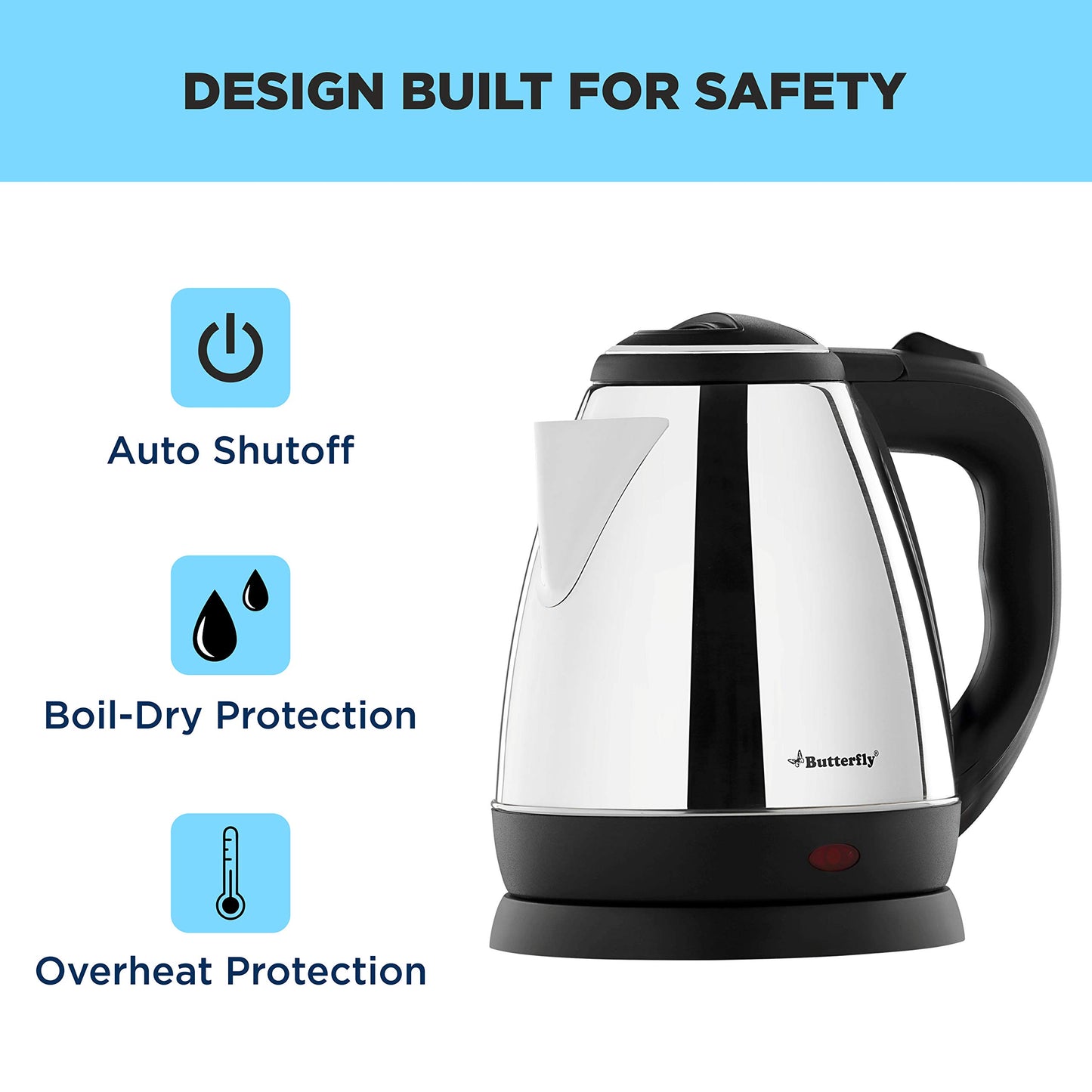 Butterfly EKN 1.5 Litre Stainless Steel Electric Kettle | 1500 W | 360 Swivel Power Base | Auto Shut Off | For Hot Water, Tea, Coffee, Noodles | Dry Boil Protection |